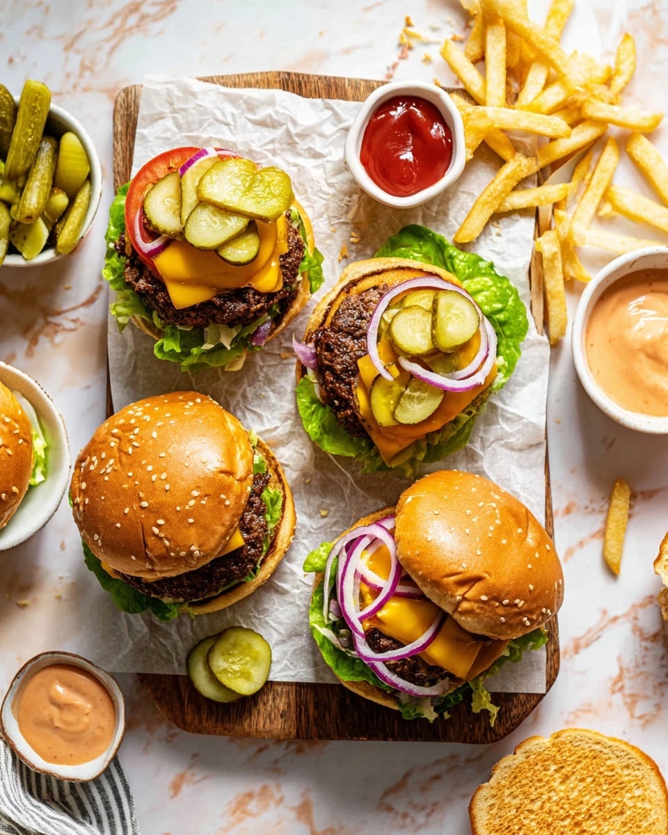 The image shows four small burgers arranged on a wooden board lined with white paper, placed on a white marbled surface. Each burger has three layers: a bottom green lettuce leaf, a dark brown grilled patty, and a slice of yellow cheddar cheese. On top of the cheese, there are slices of red tomato, thin rings of light purple onion, and several green pickle slices. Two of the burgers have shiny, soft, golden-brown top buns placed slightly tilted. Around the board, there are scattered pickle slices, thin golden fries on the right side beside the burgers, and two small white bowls—one with a light orange sauce and the other with red ketchup. Also visible is a toasted golden-brown bottom bun near the lower right corner. The whole setup is bright and colorful, with natural lighting suggesting a casual meal. Photo taken with an iphone --ar 4:5 --v 7