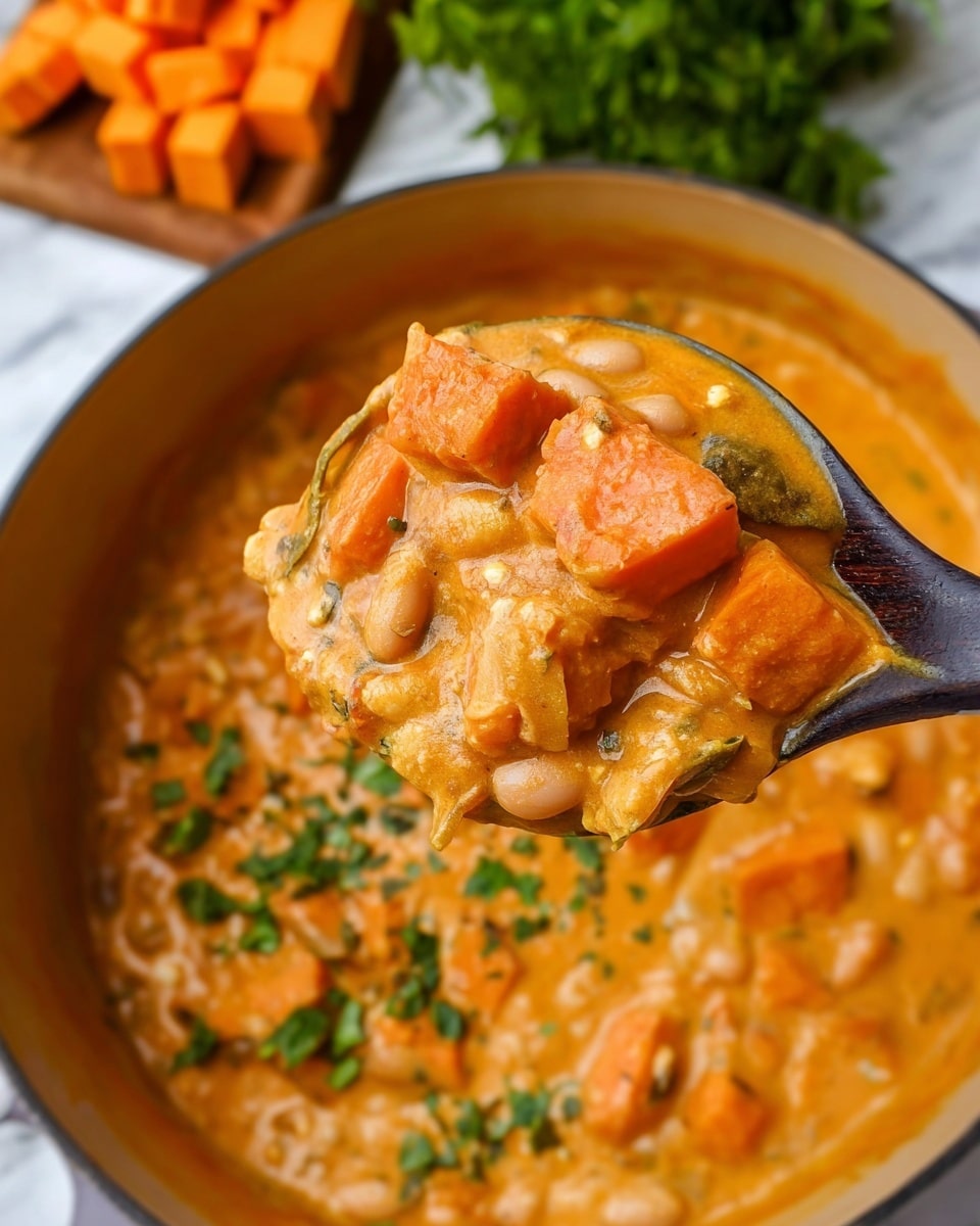 The image shows a thick stew with a creamy texture and a warm, orange-brown color. It is full of chunky pieces of light-colored meat and small, tender baby carrots. The stew has visible flecks of spices and herbs mixed throughout, giving it a rich and hearty appearance. The mixture looks smooth but with the soft texture of cooked ingredients in a large pot. The background is a white marbled texture. photo taken with an iphone --ar 4:5 --v 7