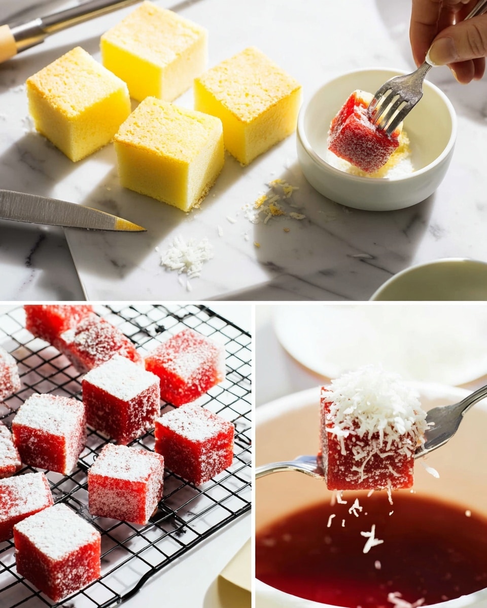 The image shows small square pieces of a yellow cake with a slightly browned top on a white marbled surface, with a knife nearby. Below, there are red-coated cubes with white tops cooling on a black rack. On the left side, a woman's hand holds a fork with a yellow cube dipped in a red sauce in a white bowl. On the right, a close-up shows a red cube on a fork being coated with white flakes from a white bowl below. The background features a white marbled texture and a soft light setting. photo taken with an iphone --ar 4:5 --v 7