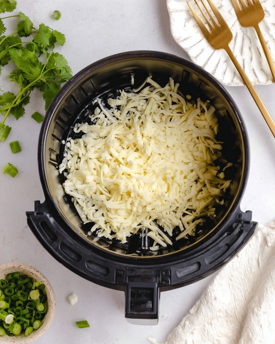 A black air fryer basket is shown from above filled with shredded light yellow cheese, with some small clumps visible. Below the basket, there is a small white bowl with chopped green onions, showing bright green tops and some white parts. To the right, there is a white wavy plate holding white cloth and two golden forks on top of it. The background is a white marbled surface with few small green cilantro leaves scattered around. Photo taken with an iphone --ar 4:5 --v 7