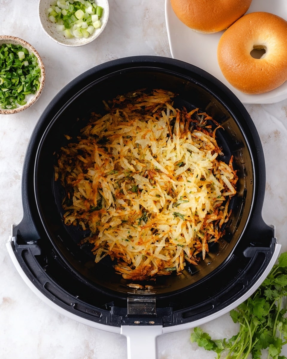 Inside a black air fryer basket, there is a single uneven layer of golden brown to light yellow shredded hash browns, some parts crispy and some soft. Around the basket, on the white marbled surface, there is a small white bowl filled with chopped green and white scallions, and a white plate holding two toasted plain bagel halves with a light golden brown color. A few sprigs of green cilantro are also placed nearby. Photo taken with an iphone --ar 4:5 --v 7