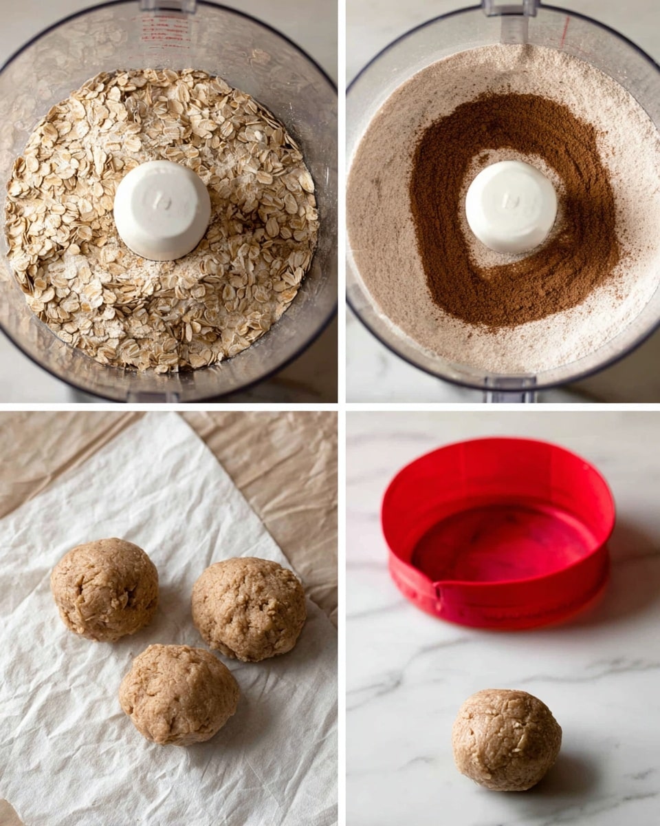 The image shows four steps of making a dough mixture. The first layer has a close-up of a food processor bowl filled with dry ingredients like light beige rolled oats and brown cinnamon powder dusted on top. The second layer reveals the inside of the food processor with the ingredients ground into a fine light brown powder around the central blade. The third layer shows three rough dough balls made from the mixture, placed on parchment paper over a white marbled surface. The fourth layer presents a single dough ball beside a red circular cutter on the same white marbled surface with a piece of paper towel nearby. Photo taken with an iphone --ar 4:5 --v 7