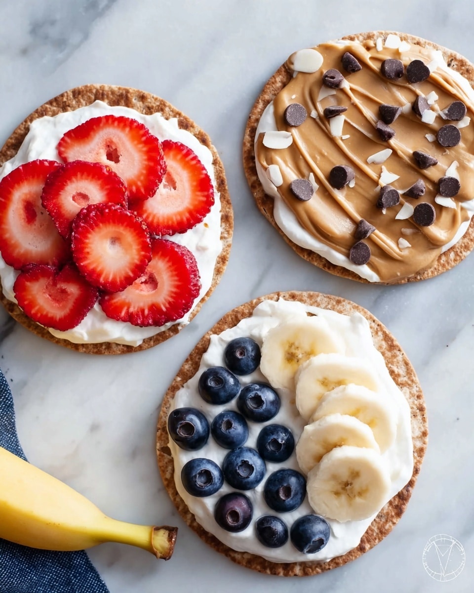 The image shows three round flatbreads on a white marbled surface. The first flatbread on the left has a thick white yogurt layer topped with half-moon slices of red strawberries arranged in a circle and dark blue blueberries in a curved line below the strawberries. The flatbread at the top right has a smooth peanut butter spread layer with a diagonal line of small dark chocolate chips on the left, and round slices of banana on the right side. The flatbread at the bottom right has a thick layer of white cottage cheese topped with scattered thin almond slices and clusters of dark blueberries. A peeled banana lies at the bottom left corner. Photo taken with an iphone --ar 4:5 --v 7
