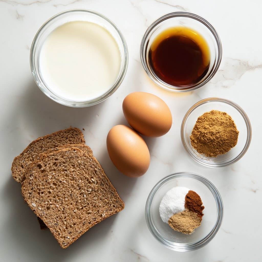 The image shows six ingredients arranged on a white marbled surface. At the top left, there is a clear glass bowl filled with white non-dairy milk. To the right of it is a smaller clear bowl holding dark brown vanilla extract. Below the milk, two light brown eggs rest side by side on the surface. At the bottom left, a single slice of whole grain bread with visible seeds and texture lies flat. To the right of the bread, a clear bowl contains ground cinnamon, showing a rich brown powder. Below that, a smaller clear bowl holds a small amount of finely ground nutmeg with a slightly lighter brown color. Photo taken with an iphone --ar 4:5 --v 7