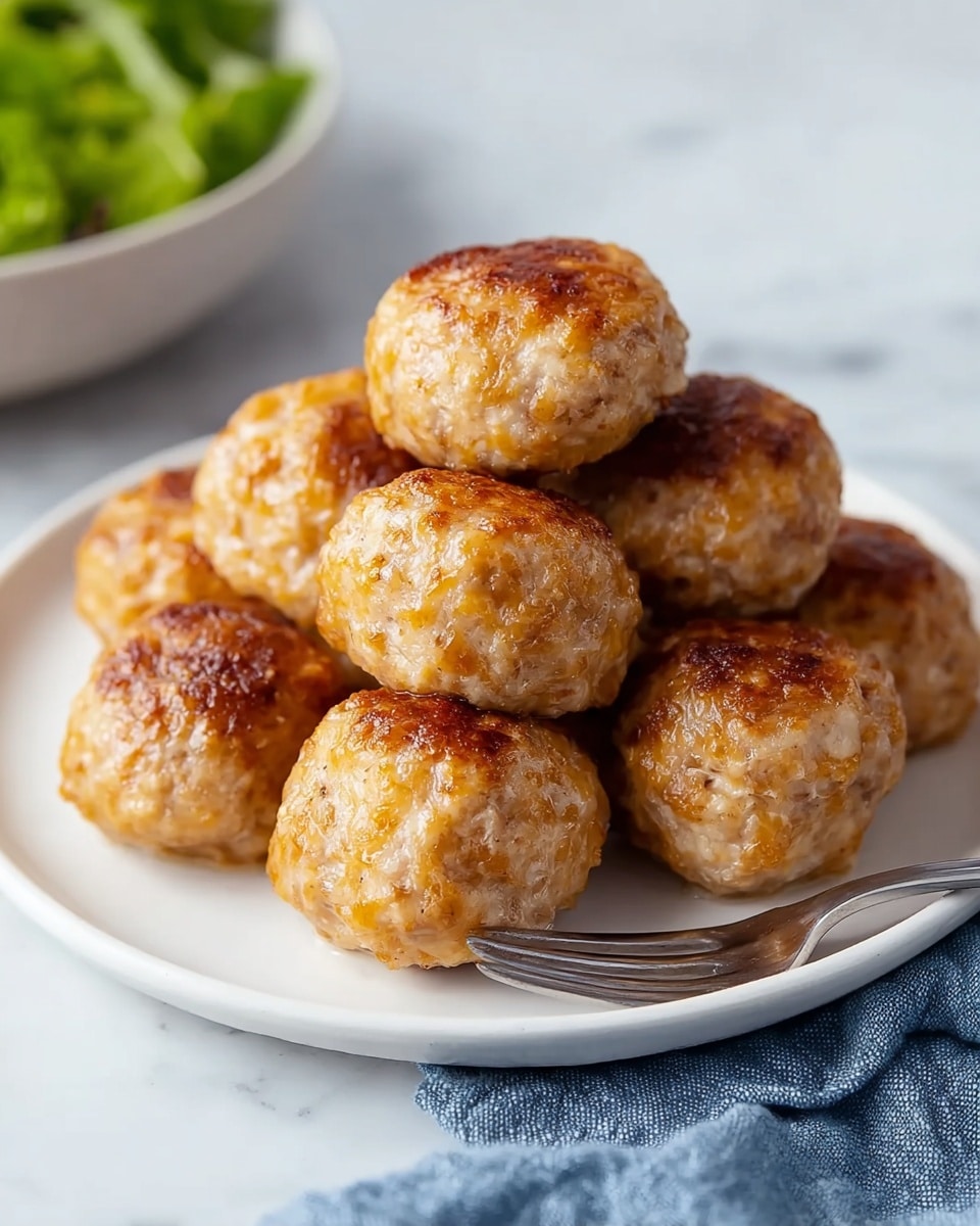 A close-up of a white plate filled with round golden-brown pastry balls with shiny, crisp crusts. One pastry ball is held by a woman's hand above the plate, showing soft, light brown meat filling inside. The plate rests on a white marbled surface with a blurred green herb branch in the background. Photo taken with an iphone --ar 4:5 --v 7