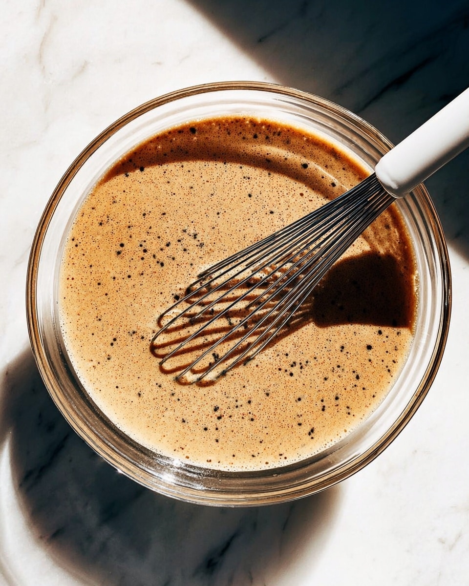 A clear glass bowl filled with a light brown mixture that has tiny dark specks in it, giving it a slightly bubbly texture. A metal whisk with a white handle is resting inside the bowl, partially immersed in the mixture. The bowl is placed on a white marbled surface, and strong sunlight casts a deep shadow on one side of the bowl, creating a sharp contrast between bright and dark areas. photo taken with an iphone --ar 4:5 --v 7
