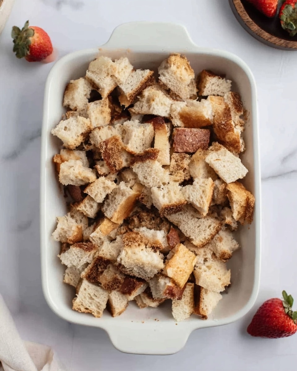 A white rectangular dish filled with uneven pieces of torn bread that have a golden-brown crust and a soft, light beige inside. The dish is placed on a white marbled surface, and there are a few whole strawberries around the dish. A woman's hand is reaching down into the frame near the top right corner. photo taken with an iphone --ar 4:5 --v 7