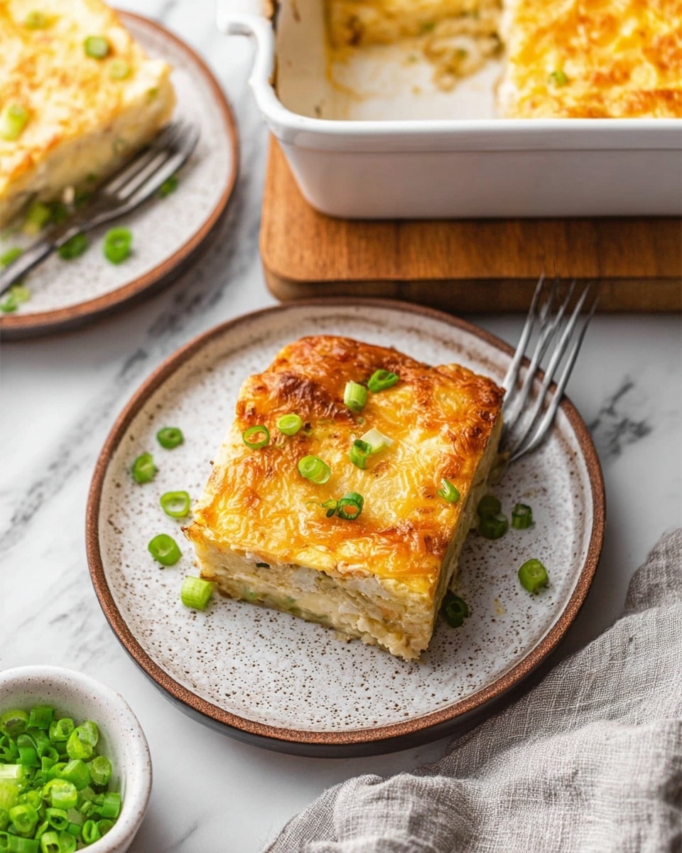 A thick square piece of casserole with a golden brown cheesy top layer sprinkled with small pieces of green onion is on a white speckled plate with a brown rim. Under the top, a creamy, light yellow layer is visible, and beneath that, a slightly darker, textured layer hints at more ingredients inside. The casserole sits next to a silver fork resting on the plate. Nearby, a small white bowl filled with chopped green onions is on the side. In the background, a white baking dish filled with more of the casserole is partially shown on a white marbled surface with a folded light grey cloth next to it. Photo taken with an iphone --ar 4:5 --v 7