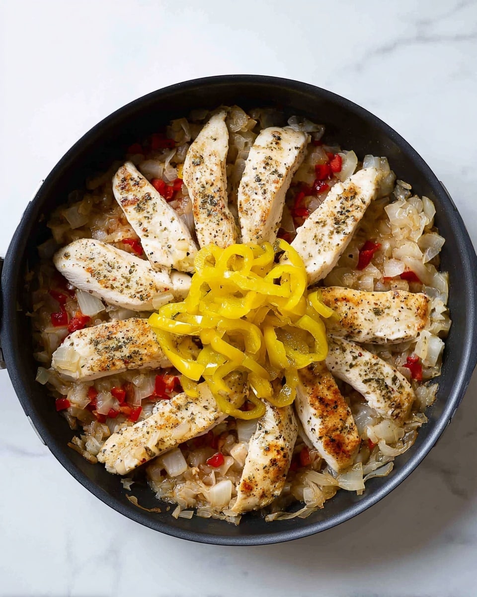 The image shows a black pan filled with cooked food on a white marbled surface. Inside the pan, there are about eight long, white pieces of cooked chicken lightly browned and peppered, arranged around the edges. The chicken rests on a bed of finely chopped, translucent cooked onions mixed with small red pepper pieces spread evenly across the pan bottom. On top and in the center, there is a pile of bright yellow, sliced round peppers adding a pop of color and texture contrast to the dish. The scene is viewed from above in natural light, showcasing the layers and colors clearly. photo taken with an iphone --ar 4:5 --v 7
