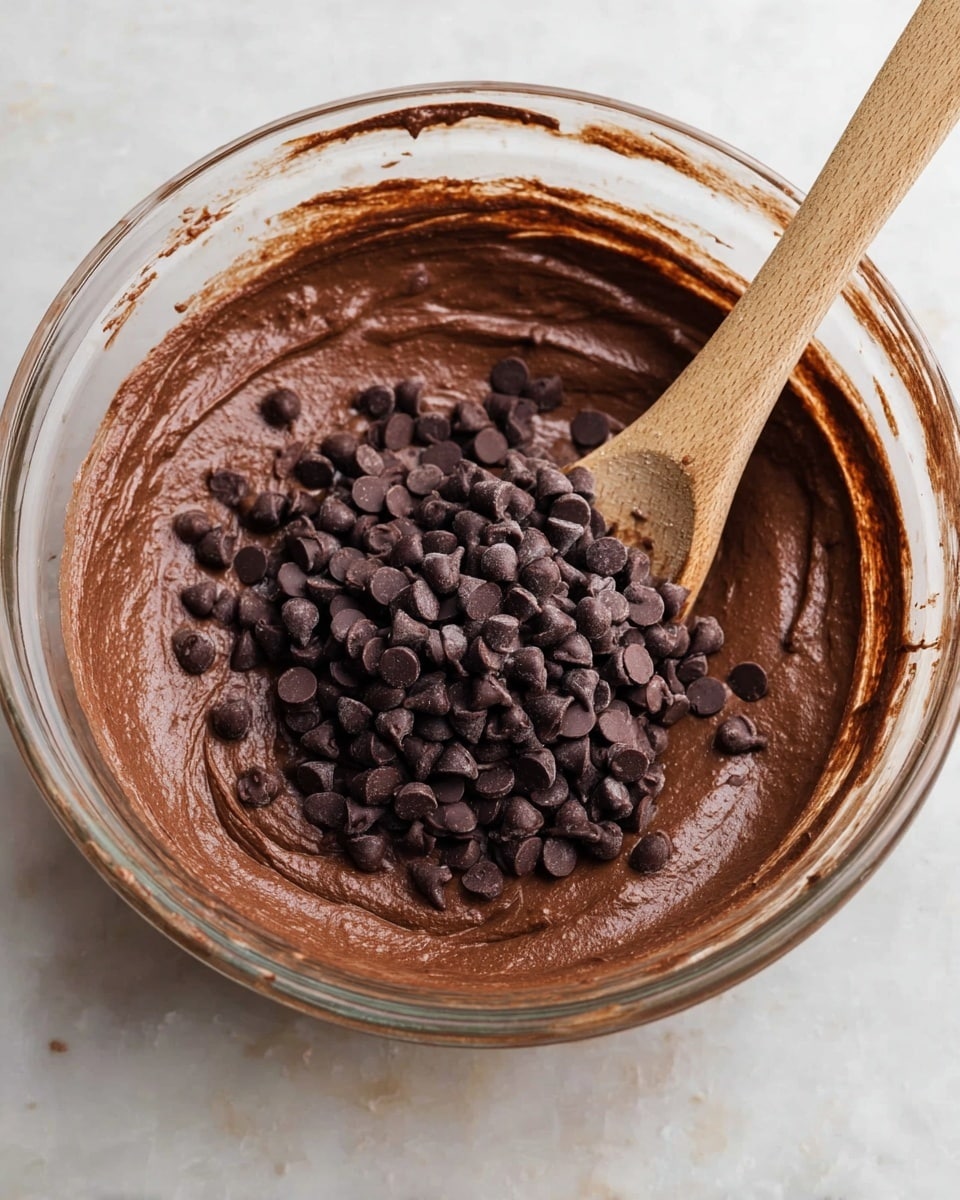 A clear glass bowl filled with thick, smooth dark brown chocolate batter; a pile of dark chocolate chips sits on top in the center. A wooden spoon stands inside the bowl, its rounded end dipped in the batter, with chocolate marks around the sides of the bowl. The bowl is placed on a white marbled surface. photo taken with an iphone --ar 4:5 --v 7