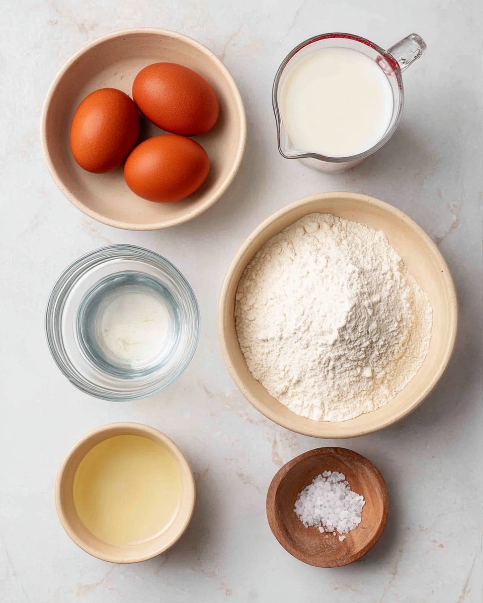 The image shows six sets of ingredients arranged neatly on a white marbled surface. On the top left, there is a round beige bowl holding three brown eggs with a smooth texture. To its right, a clear glass measuring cup filled with white milk is placed. Below the eggs, a small round clear glass bowl contains a transparent liquid, likely water. Next to it on the right, a larger beige bowl is filled with white flour that has a powdery texture. On the bottom left, a small beige cup holds a light yellow liquid, possibly oil or vinegar. Lastly, on the bottom right, a tiny round wooden bowl contains coarse white salt crystals. photo taken with an iphone --ar 4:5 --v 7