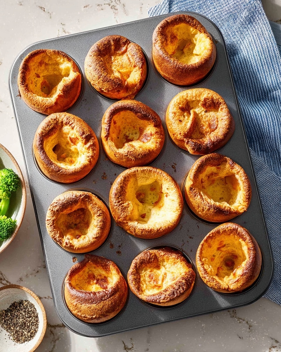 A gray metal muffin tray filled with 12 golden-brown Yorkshire puddings, each puffed up with a slightly uneven round shape and some darker toasted spots on top. The Yorkshire puddings have a soft and airy texture, with hollow centers visible in many of them, and edges that are slightly crisp and curved. The tray sits on a white marbled surface, with a glimpse of a blue striped cloth on the right side and partial views of a bowl containing green broccoli and a small bowl of black pepper at the bottom left corner. The lighting is bright and natural, highlighting the warm colors and textures of the puddings. photo taken with an iphone --ar 4:5 --v 7