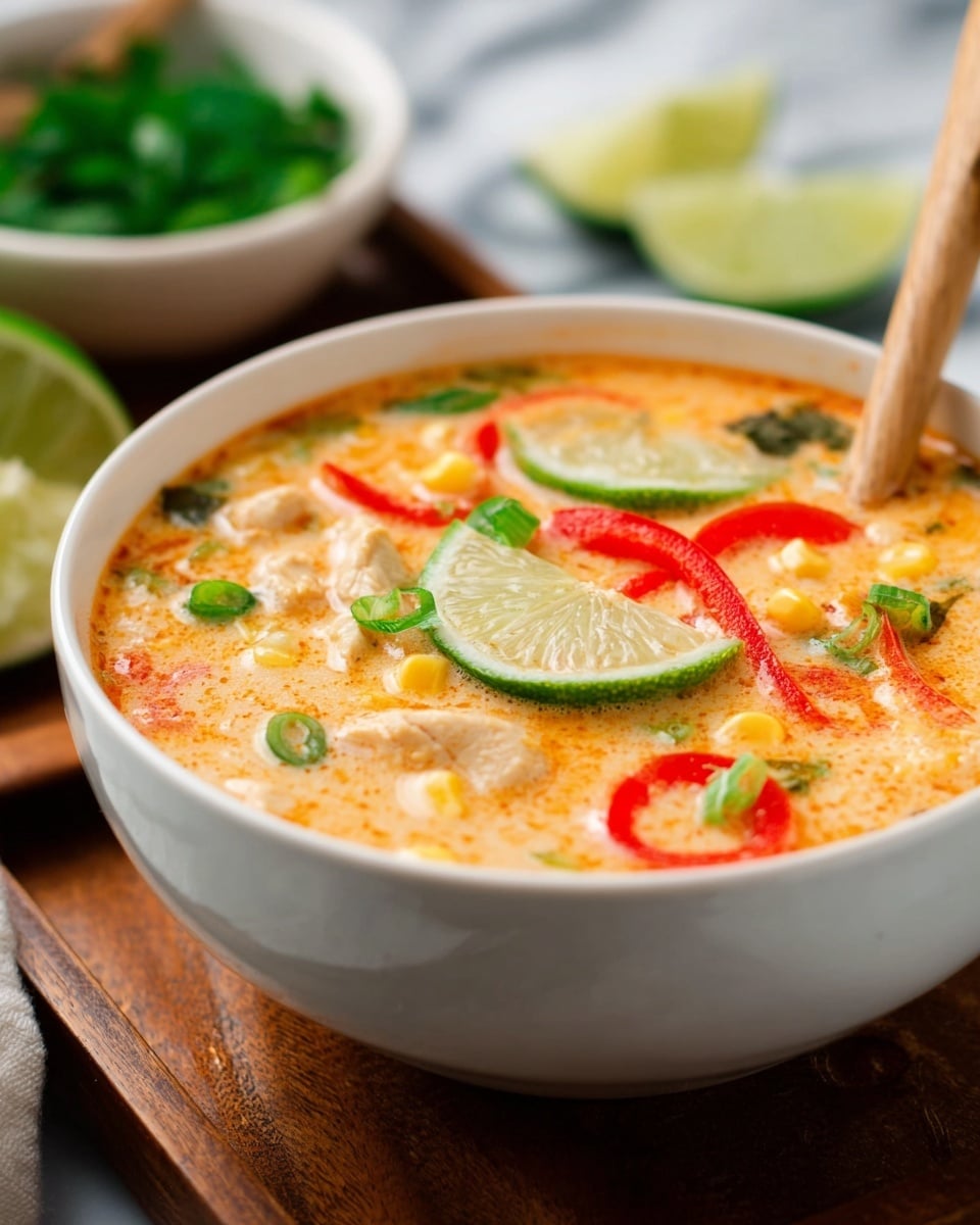 A white bowl filled with creamy orange soup has visible layers of ingredients. On top, there are bright red strips of bell pepper, thin green scallion rings, and two lime slices showing the light green rind and pale juicy inside, placed near the edge. Floating in the middle and under the surface are small yellow corn kernels and tender white pieces of chicken mixed into the smooth soup base. A wooden spoon is partly dipped on the right side, standing upright. The bowl is set on a dark wooden board, with a blurred bowl of green herbs and white marbled surface in the background. Photo taken with an iphone --ar 4:5 --v 7