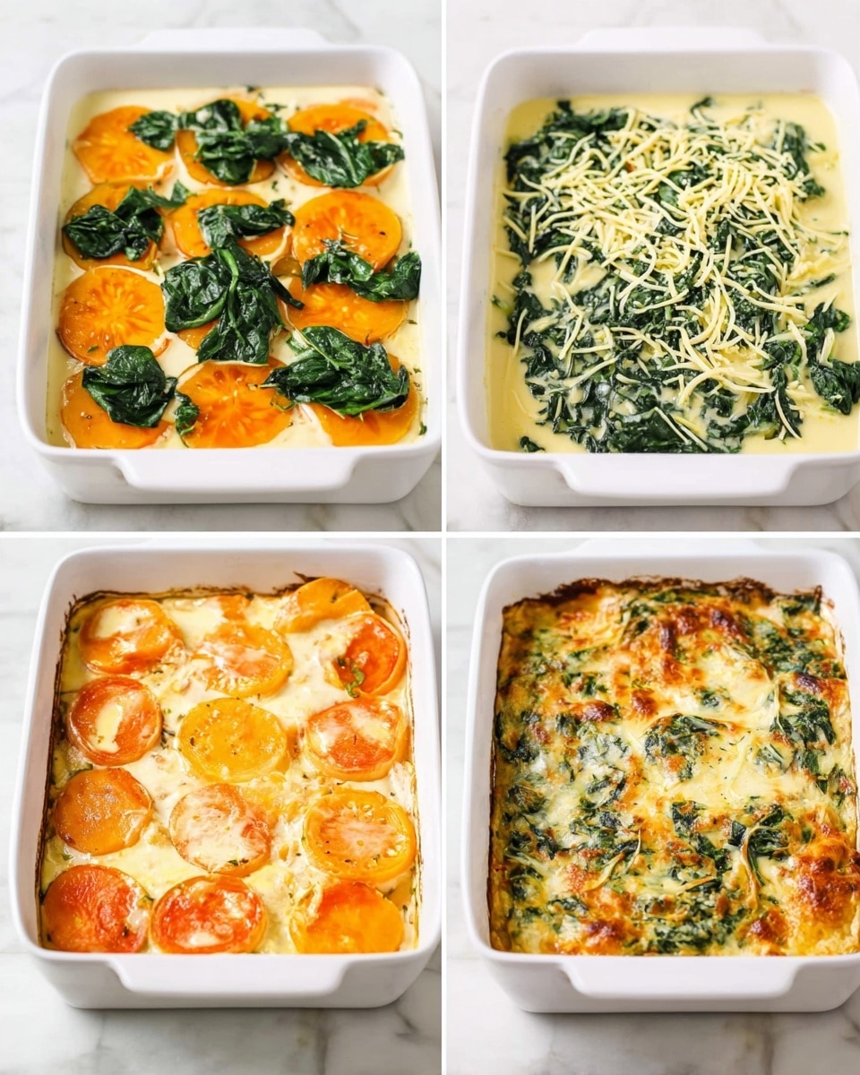 A white rectangular baking dish on a white marbled surface shows a four-step cooking process. The first layer is made of round, bright orange slices evenly spread with dark green cooked leafy spinach on top. The second layer adds creamy pale yellow sauce poured around and partially covering the slices and spinach. The third layer adds shredded yellow and white cheese scattered over the sauce, spinach, and slices. The last image shows the finished baked dish with melted, golden-brown cheese bubbling on top, mixed with the dark green spinach and orange slices peeking through, creating a textured, colorful surface. Photo taken with an iphone --ar 4:5 --v 7