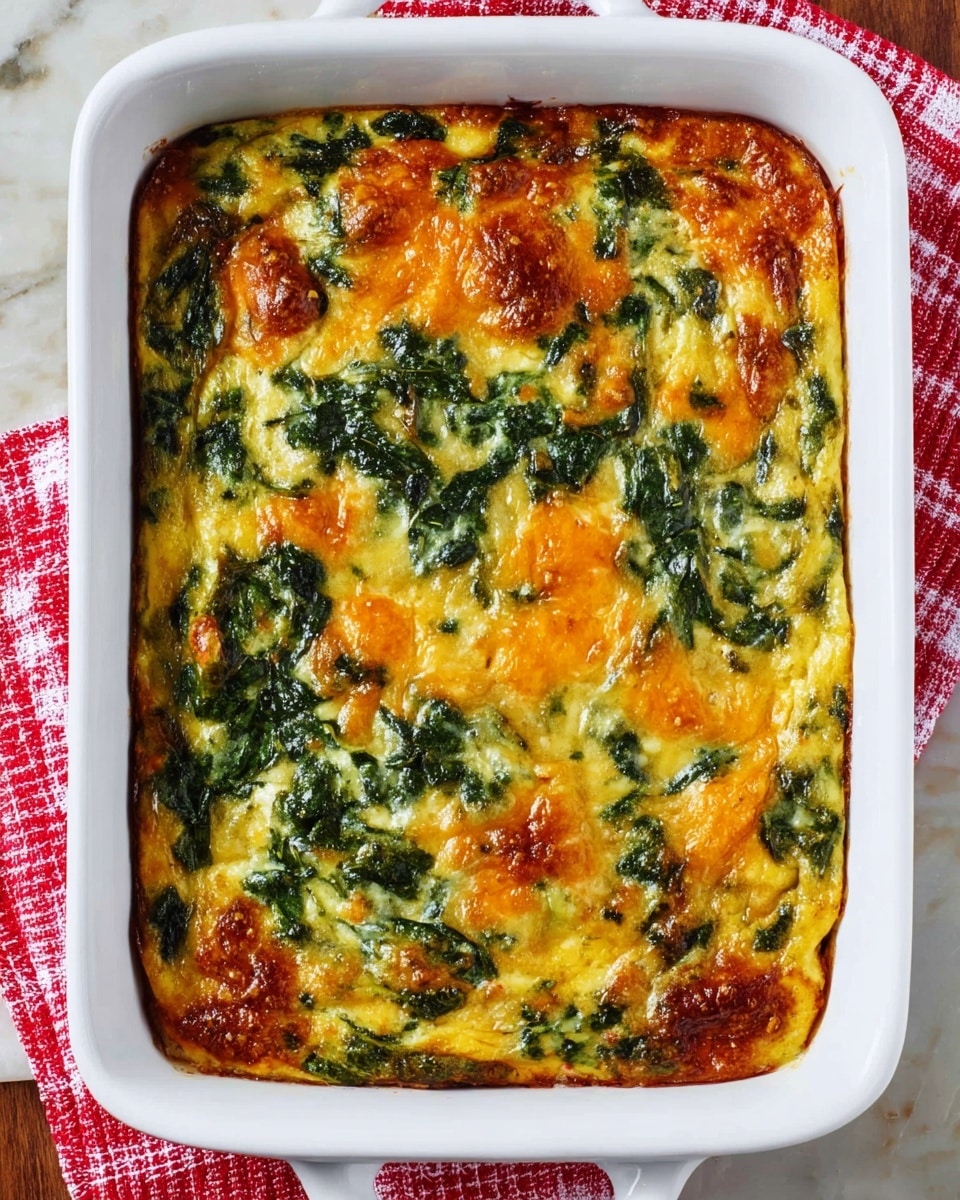A white rectangular baking dish holds a cooked casserole with three visible layers in the top view: the top layer is golden brown melted cheese with some darker browned spots, scattered unevenly across the surface; underneath, bright green spinach leaves are mixed into a creamy yellow egg base, showing through the cheese in many spots; at the bottom edge, the casserole shows a firm baked texture with a slightly browned crust around the edges. The dish is set on a white marbled surface with a red and white checkered cloth to the side. Photo taken with an iphone --ar 4:5 --v 7