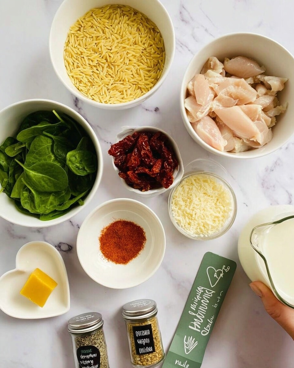 The image shows several small white bowls and containers arranged on a white marbled surface, each holding different ingredients. In the top left is a bowl filled with dry, yellow orzo pasta. To the right of it, another bowl contains raw light pink sliced chicken. Below the orzo is a bowl of fresh green spinach leaves, and next to it, a small bowl filled with deep red sun-dried tomatoes. Near the center is a small bowl of grated pale yellow cheese. On the right side, a white jug with black text holds almond milk. At the bottom of the image, two small glass spice jars are placed side by side; one labeled paprika with orange-red powder and the other oregano with green dried herbs. A heart-shaped white dish contains a small yellow seasoning cube, and next to it is a green tube labeled garlic puree. The setup is neat and bright, and a woman's hand is slightly touching one of the bowls. photo taken with an iphone --ar 4:5 --v 7