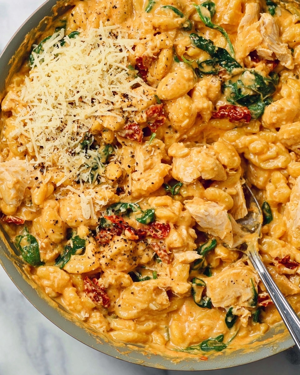 The image shows a close-up of a creamy pasta dish with a thick orange sauce that coats the small, rice-shaped pasta. There are green spinach leaves and small red sun-dried tomato pieces mixed throughout. Pieces of white, flaky chicken are scattered on top. A pile of finely grated light yellow cheese and black pepper is placed on the top left side. A silver spoon is partially dipped into the dish on the lower right. The dish is in a round pan set on a white marbled surface. Photo taken with an iphone --ar 4:5 --v 7