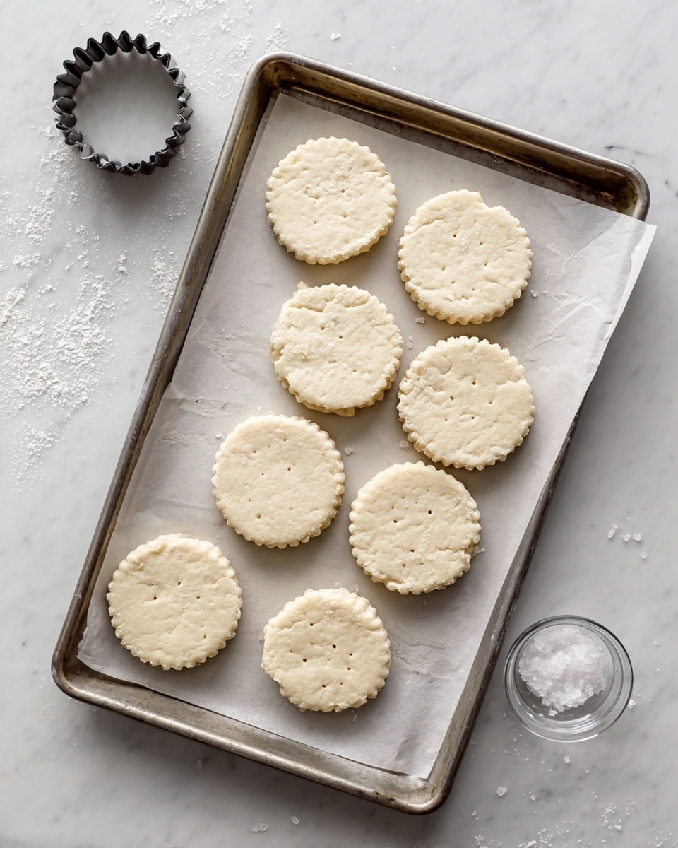 The image shows nine round raw dough pieces placed on a parchment paper-lined metal baking tray. Each dough piece is light off-white, slightly textured, with small holes on top and scalloped edges, arranged close to each other in rows. The tray is on a white marbled surface with some scattered flour around it. A round fluted metal cookie cutter is at the top left corner, and a small clear glass bowl filled with coarse salt is at the bottom right of the tray. Photo taken with an iphone --ar 4:5 --v 7