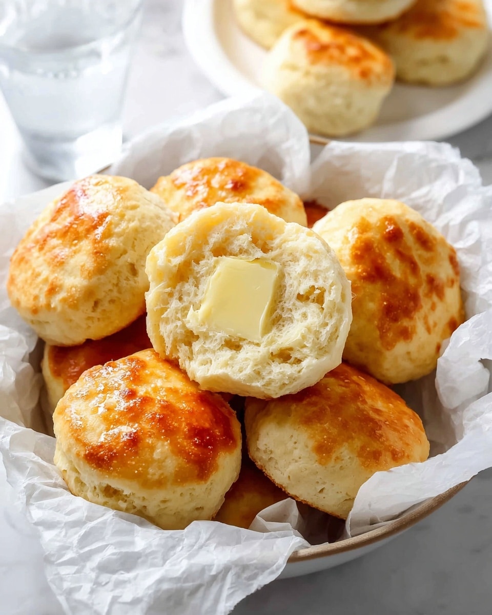 A white bowl lined with white crumpled parchment paper holds eight golden biscuits with a shiny, slightly crispy top layer. One biscuit is split open in the center, showing a soft, fluffy, light beige inside with a small square of melting butter on the bottom half. The biscuits form a loose circle with the open one placed slightly on top toward the center. The bowl sits on a white marbled surface with a blurred white plate of biscuits and a glass of water in the background. Photo taken with an iphone --ar 4:5 --v 7