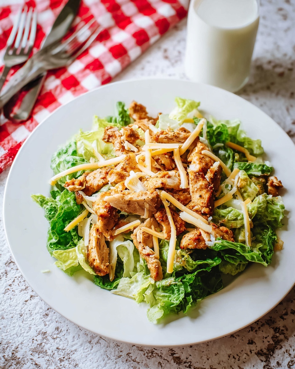 The dish shows a white plate set on a white marbled texture surface, topped with a leafy green lettuce base that looks fresh and crisp. On top of the lettuce, there is a layer of grilled chicken pieces with a slightly browned, seasoned texture. Scattered over the chicken are thin shreds of pale yellow and white cheese, adding a soft contrast to the textures and colors beneath. The plate is surrounded by a red and white checkered cloth in the top left corner with a fork and knife resting nearby, and a glass of milk sits on the top right edge. photo taken with an iphone --ar 4:5 --v 7