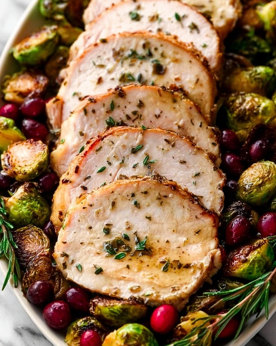 The image shows six thick slices of cooked turkey meat, light brown with a slightly darker crust, arranged in a neat row on a white plate. The turkey slices are sprinkled with green herbs. Around the slices are roasted Brussels sprouts, browned and textured, mixed with bright red cranberries that add pops of color. The background is a white marbled surface, enhancing the fresh and warm look of the dish. photo taken with an iphone --ar 4:5 --v 7