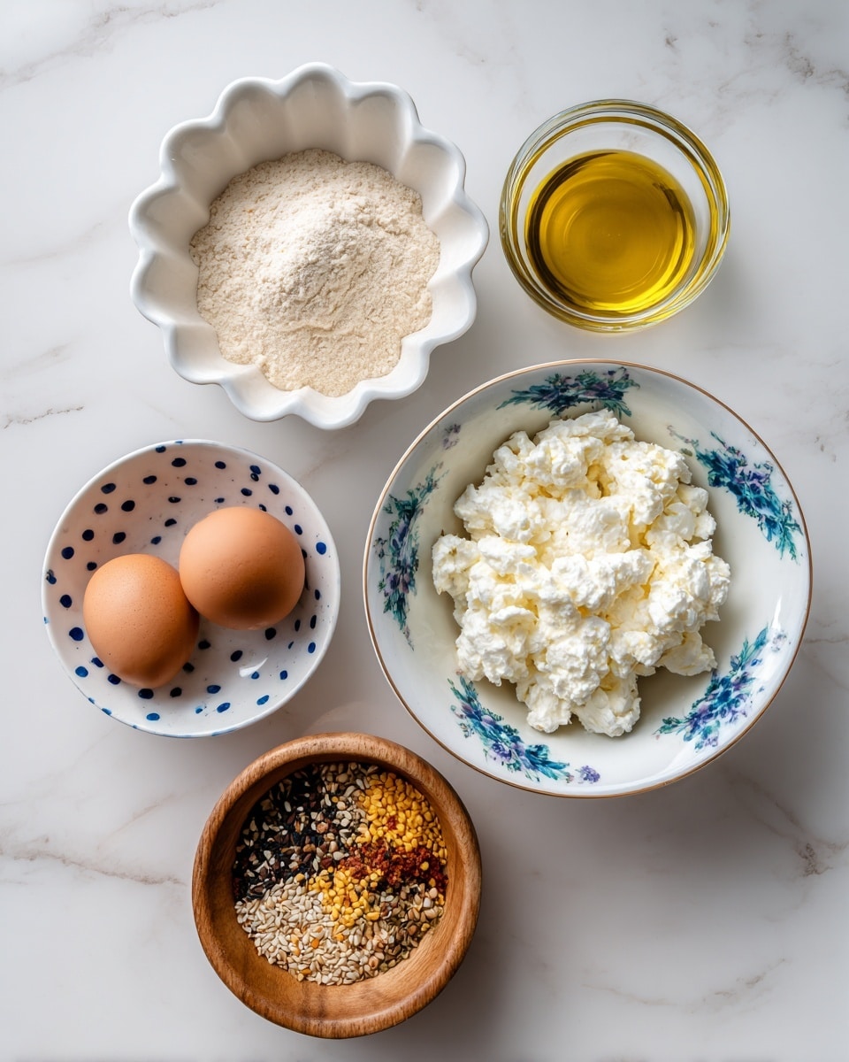 The image shows five small dishes with different ingredients arranged on a white marbled surface. At the bottom right, there is a white bowl with a blue floral pattern filled with white cottage cheese that has a soft, lumpy texture. Above it and slightly to the left, there is a small wooden bowl filled with a mix of black, white, and beige seeds labeled