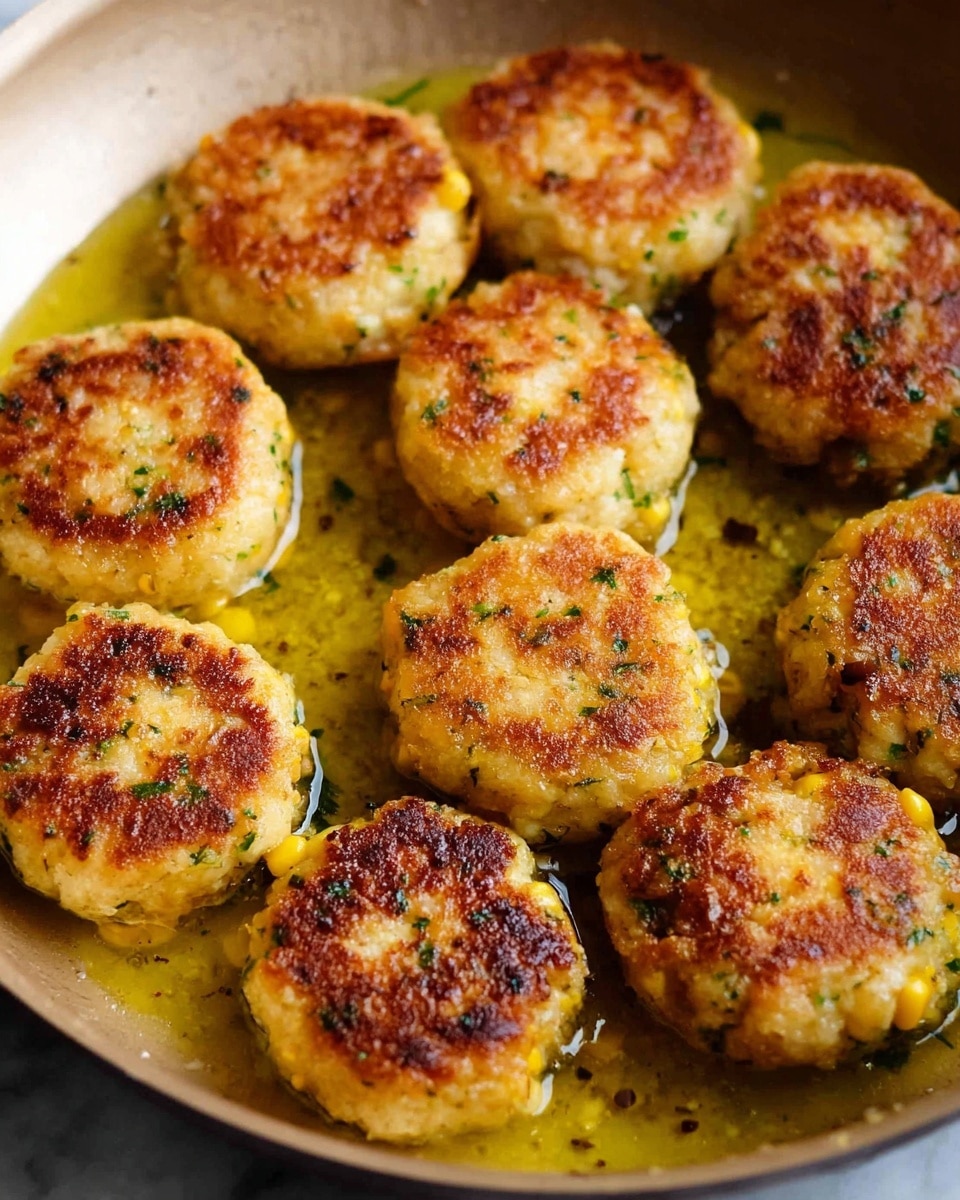 The image shows a close-up of eleven golden brown patties frying in oil inside a round pan. Each patty is thick, round, and has a crispy textured top with specks of green herbs and small pieces of corn visible inside. The oil around the patties shines with a light yellow color, adding a glossy look to the scene. The background is a white marbled texture. photo taken with an iphone --ar 4:5 --v 7