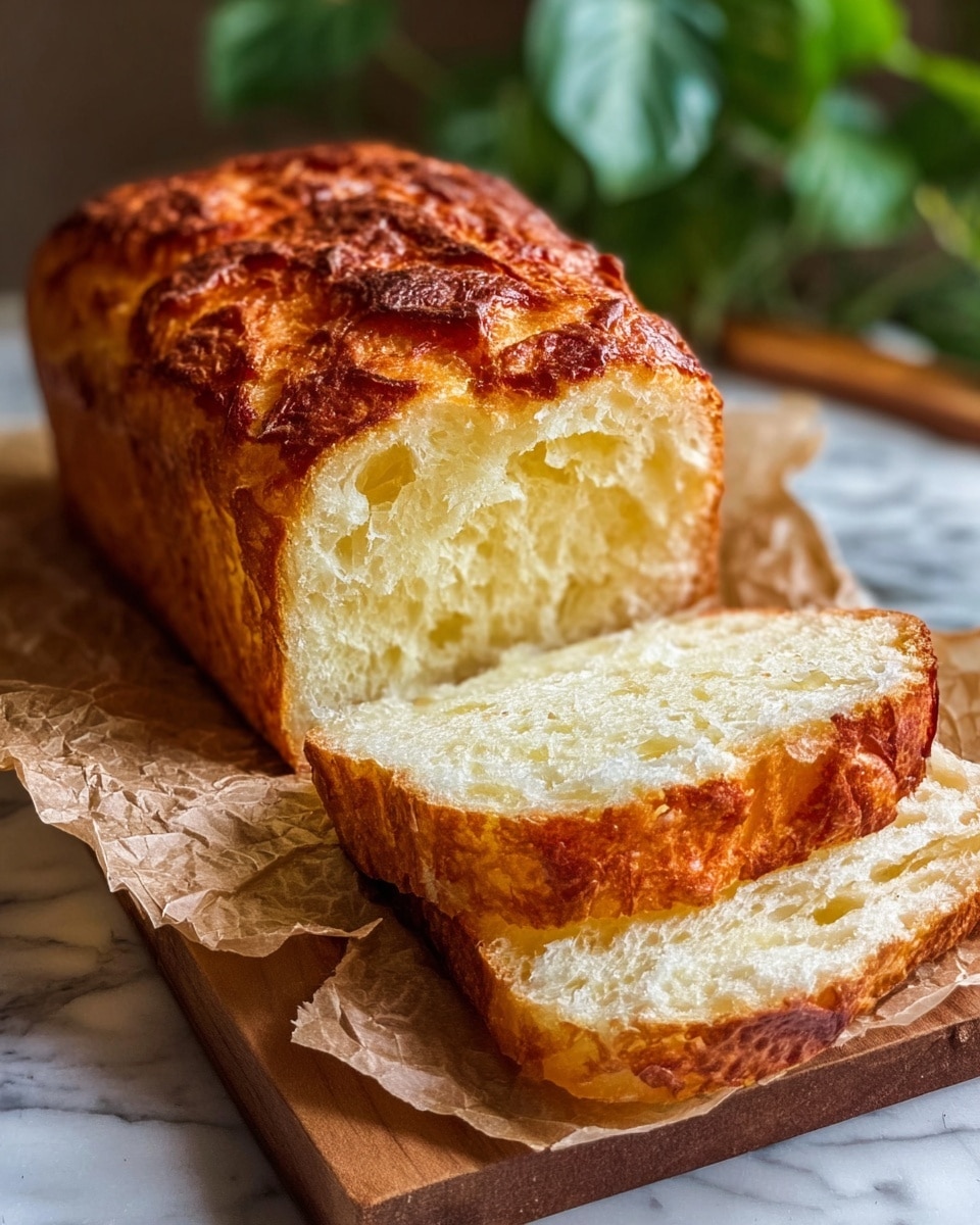 The image shows a golden brown loaf of bread with a crispy textured crust on top and sides, resting on crinkled brown parchment paper placed on a wooden board, which is set on a white marbled surface. The loaf is sliced, displaying two thick pieces cut from the front, revealing a soft, light, and fluffy inside with small air pockets in a pale yellow color. In the blurred background, green leafy plants add a touch of freshness. The overall lighting highlights the bread's crust and soft interior, giving a warm, inviting look. Photo taken with an iphone --ar 4:5 --v 7