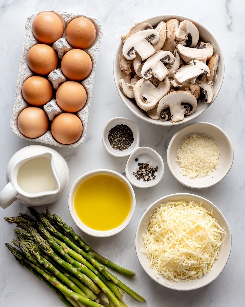 The image shows several cooking ingredients arranged on a white marbled surface. On the top left, there is a white egg carton holding six brown eggs. To the right of the eggs is a white bowl filled with sliced mushrooms that have white and light brown colors. Below the mushrooms is a small white jug filled with milk. Next to the milk, slightly below, is a small white bowl containing a mix of salt and black pepper. To the right of the salt and pepper is a white bowl with yellow olive oil. Below the olive oil is a white bowl filled with finely grated parmesan cheese in a pale cream color. At the bottom center is another white bowl holding shredded mozzarella cheese, which is pale yellow. On the bottom left side, there is a bunch of fresh green asparagus spears laying flat on the surface. Photo taken with an iphone --ar 4:5 --v 7