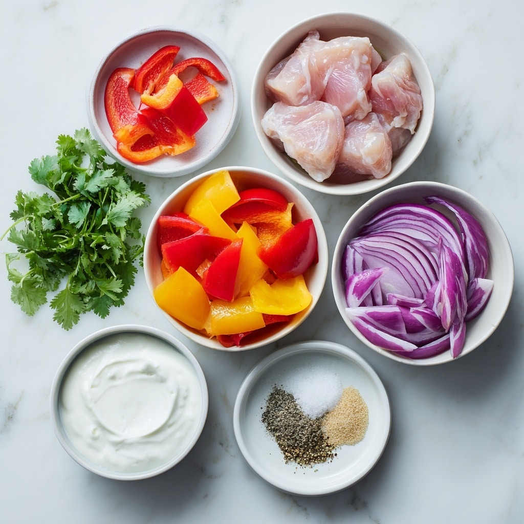 The image shows six small white bowls arranged on a white marbled surface. In the top center bowl, there are raw light pink pieces of chicken. Below it to the left, a bowl holds large chunks of red and yellow bell peppers with a shiny texture. On the right side, a bowl contains sliced red onion pieces with white and purple layers. Below the onions, a small bowl filled with smooth white coconut yogurt is visible. To the left of the yogurt, a bowl is full of fresh green cilantro leaves with visible stems. At the bottom, there is a small white bowl with three spices: white salt, black pepper, and light tan garlic powder. The arrangement is clean and bright, with clear separation between each ingredient, photo taken with an iphone --ar 4:5 --v 7