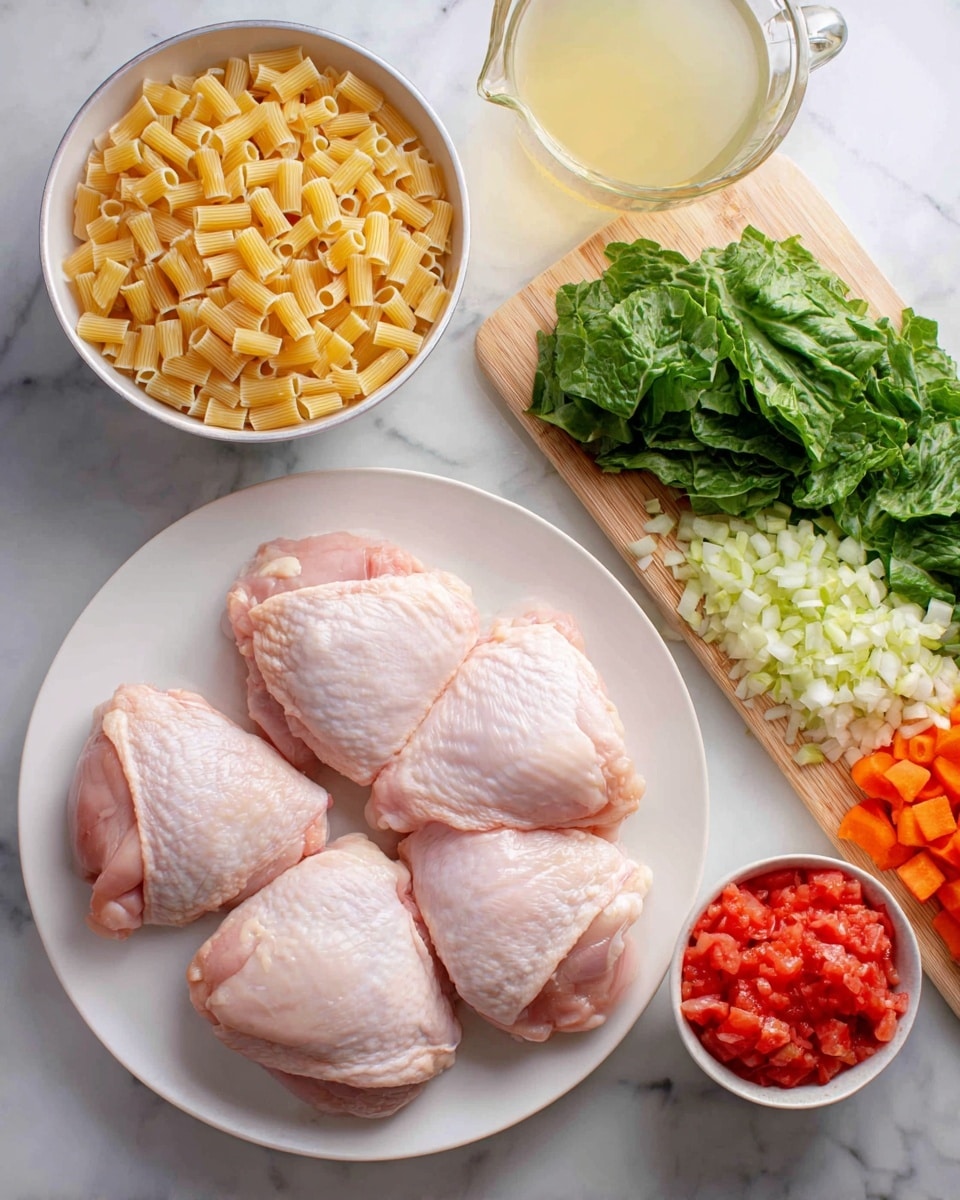 The image shows a white plate with five large raw chicken thighs that have a pale pink color and smooth texture, placed on the left side. Below the plate, there is a small white pan filled with dry, yellow tubular pasta. Next to the pan, there is a smaller white bowl of bright red diced tomatoes with a chunky texture. On the right, a wooden cutting board holds a bunch of fresh green escarole leaves at the top, a pile of finely chopped white onion and celery in the center, and small orange diced carrots at the bottom right. A small white bowl with finely chopped pale yellow garlic is placed near the escarole. Above the cutting board, there is a clear glass measuring cup filled with light golden chicken broth. The background is a white marbled surface. photo taken with an iphone --ar 4:5 --v 7