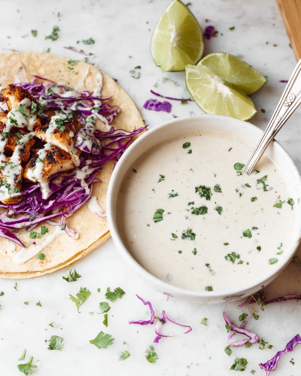 A white bowl filled with a creamy pale beige sauce with herbs is placed on a white marbled surface, with a woman's hand holding a spoon lifting the sauce. In front of the bowl, an open taco on a white tortilla shows several layers: light green avocado slices at the base, topped with browned cooked shrimp, shredded purple cabbage scattered on top, and creamy beige sauce drizzled over all layers. Around the taco and bowl are lime wedges and a few scattered green cilantro leaves, all on a piece of parchment paper laid on the white marbled surface. photo taken with an iphone --ar 4:5 --v 7