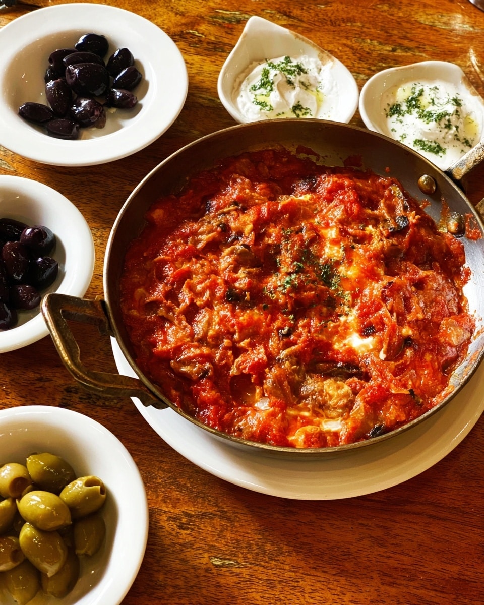 The image shows a round metal pan with two handles, filled with a thick stew that has a chunky texture of red tomato sauce mixed with bits of egg and browned vegetables, creating layers of red, white, and some light brown colors. The pan is placed on a simple white plate, and around it are small white dishes containing black olives, a creamy white sauce with herbs, and some green mixed olives. The table surface is wooden but should be imagined as a white marbled texture in the description. Photo taken with an iphone --ar 4:5 --v 7