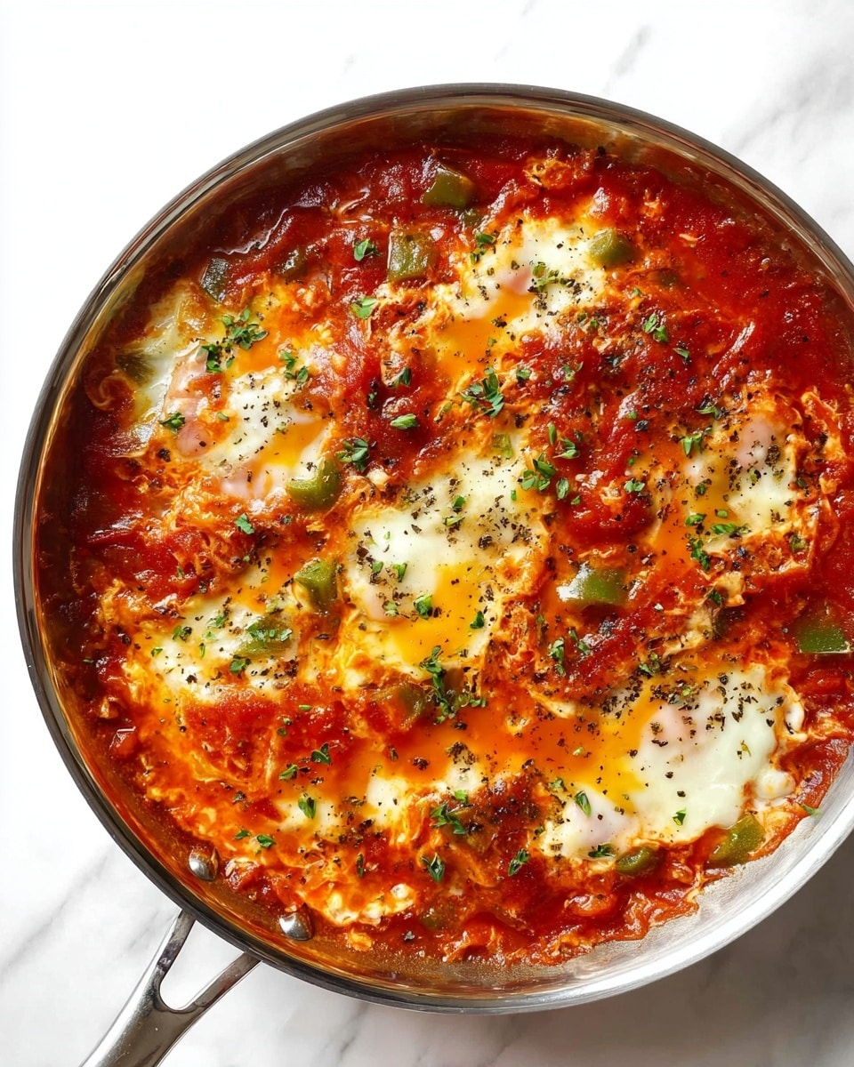 The dish is shown in a shiny round metal pan placed on a white marbled surface. It has a thick bottom layer of chunky red tomato sauce with visible pieces of green bell pepper scattered throughout. On top of this sauce, there are several patches of melted white cheese that blend smoothly into the sauce, with some orange oily spots showing where the cheese mixed with the sauce. The surface is sprinkled with small black and green herbs, adding texture and color contrast to the vibrant red and white layers below. The pan's handle extends slightly outwards at the bottom of the image. photo taken with an iphone --ar 4:5 --v 7