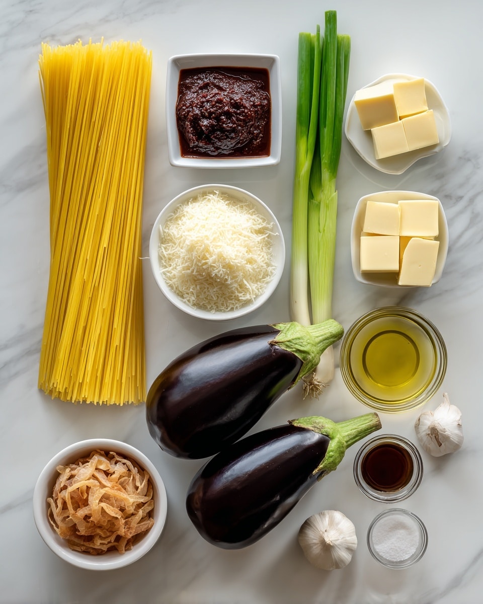 The image shows a plate of spaghetti with a reddish-orange sauce mixed with dark chunks of eggplant on a white plate. On top of the pasta, there are thin green spiral garnishes and a light sprinkle of grated cheese. To the left, there is a white pan filled with more spaghetti and sauce with eggplant pieces visible. Near the pan, a clear glass bowl holds thin green strips soaking in water. Above the plate is a small white bowl with grated cheese, and there is also a clear glass of water next to it. The setting is on a white marbled surface, with a fork placed on a light cloth napkin to the right of the plate. photo taken with an iphone --ar 4:5 --v 7