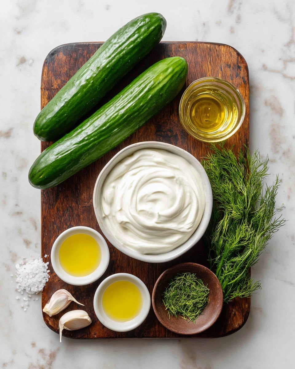 The image shows a dark wooden cutting board on a white marbled surface. On the board, two whole cucumbers rest diagonally at the top left. To the right, there is a white bowl filled with creamy, smooth Greek yogurt, swirled gently on top. Below the cucumbers, small cups hold golden olive oil, pale lemon juice, fresh green dill in a tiny brown bowl, and white salt. Two whole garlic cloves lie near the bottom left corner of the board. photo taken with an iphone --ar 4:5 --v 7