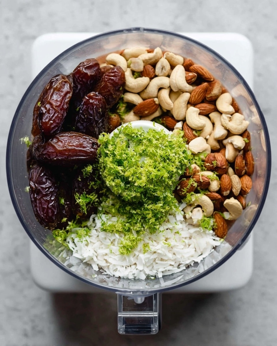 Top view of a clear food processor bowl placed on a white base, filled with five main layers: dark brown whole dates on the left side, light brown cashew nuts at the top, whole almonds on the right, shredded white coconut flakes scattered on the bottom right, and bright green lime zest piled thickly in the center. The background surface is white marbled texture. Photo taken with an iphone --ar 4:5 --v 7