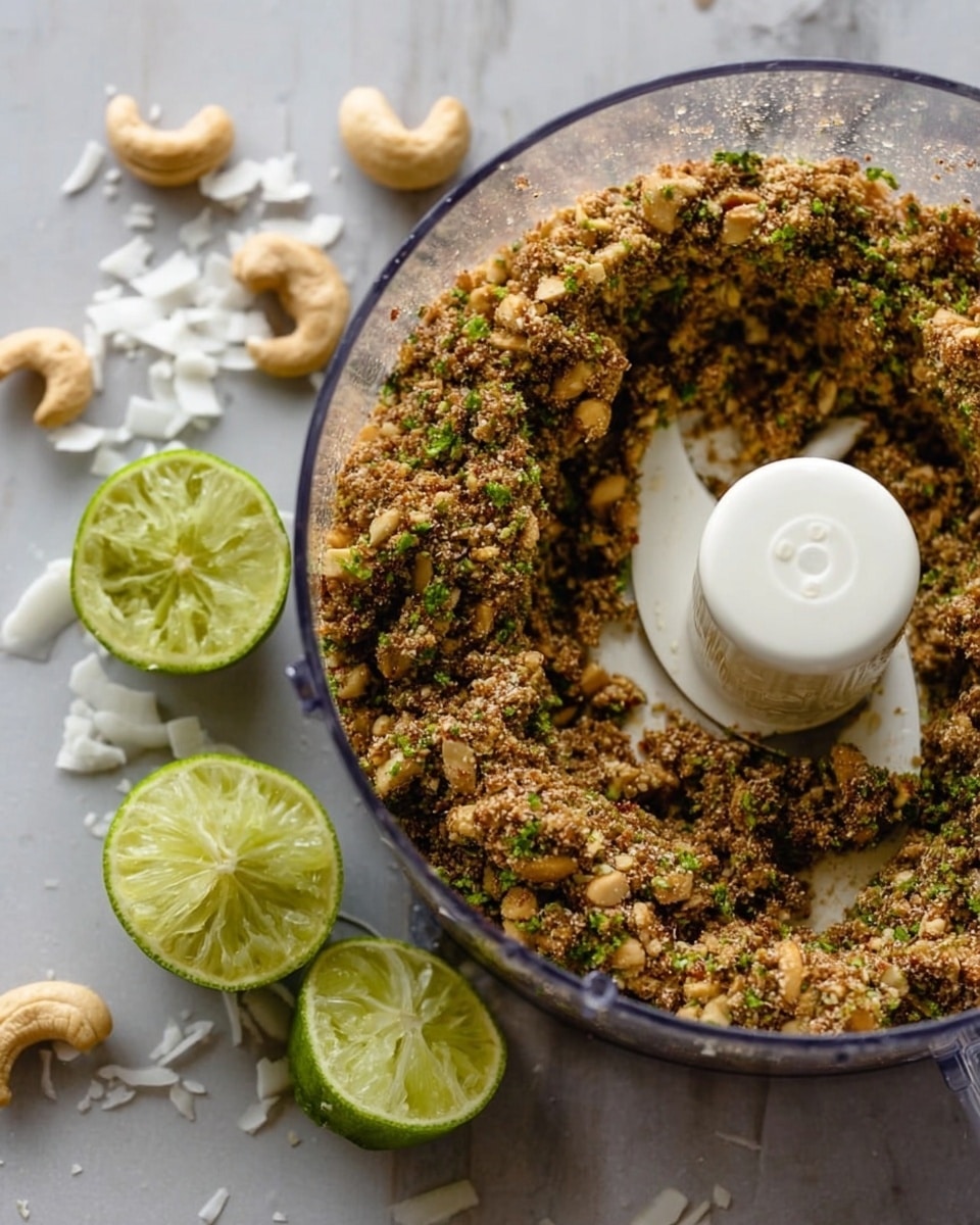 Inside a clear food processor bowl, there is a thick, textured mixture made of small nut pieces and green herbs, forming a ring around the central white blade. The mixture has a rough, crumbly look with a brown and green color mix. Around the bowl on a white marbled surface, there are three squeezed lime halves showing their pale green juicy insides, two whole light brown cashews, and some white coconut flakes scattered nearby. The whole setup has a fresh, natural feel. photo taken with an iphone --ar 4:5 --v 7