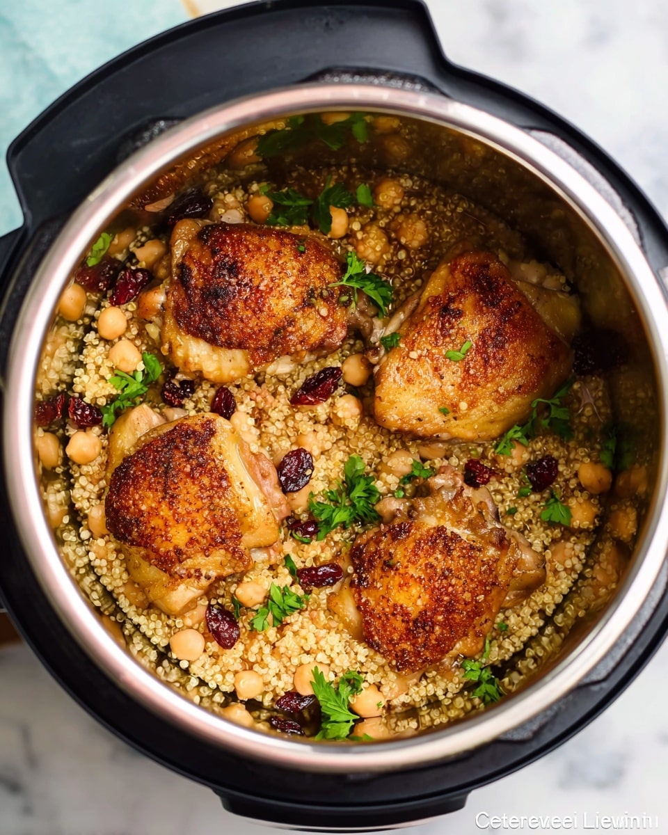 Inside a black and silver pressure cooker, there are four pieces of golden brown chicken thighs with crispy skin placed on top of a bed of cooked quinoa. The quinoa is fluffy and mixed with light beige chickpeas and small dark red dried cranberries. Tiny green parsley leaves are scattered over the top, adding a fresh touch. The inside of the cooker has a shiny metal texture, and the whole dish is set on a white marbled surface. photo taken with an iphone --ar 4:5 --v 7