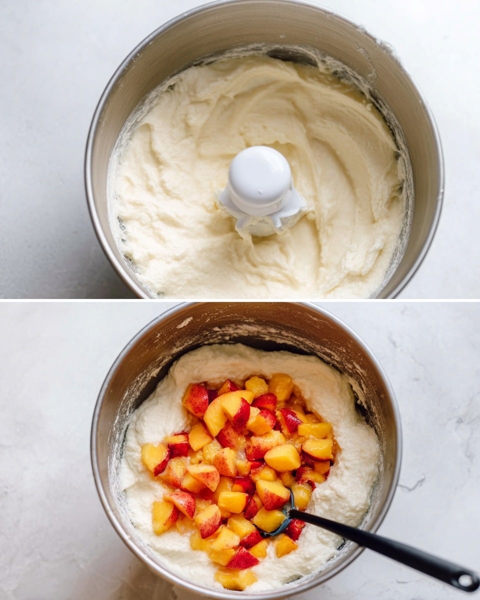 The image is split into two parts. On the left side, a gray muffin tray holds nine compartments, each lined with peach slices at the bottom, topped with a thick white dough mixture, and a woman's hand is using a silver ice cream scoop to place the mixture in the tray. On the right side, eight golden-brown muffins sit on a cooling rack placed on a baking sheet, each topped with glossy, caramelized peach slices that have a warm orange and red color with a slightly sticky texture. The tray and the baking sheet rest on a white marbled surface. Photo taken with an iphone --ar 4:5 --v 7