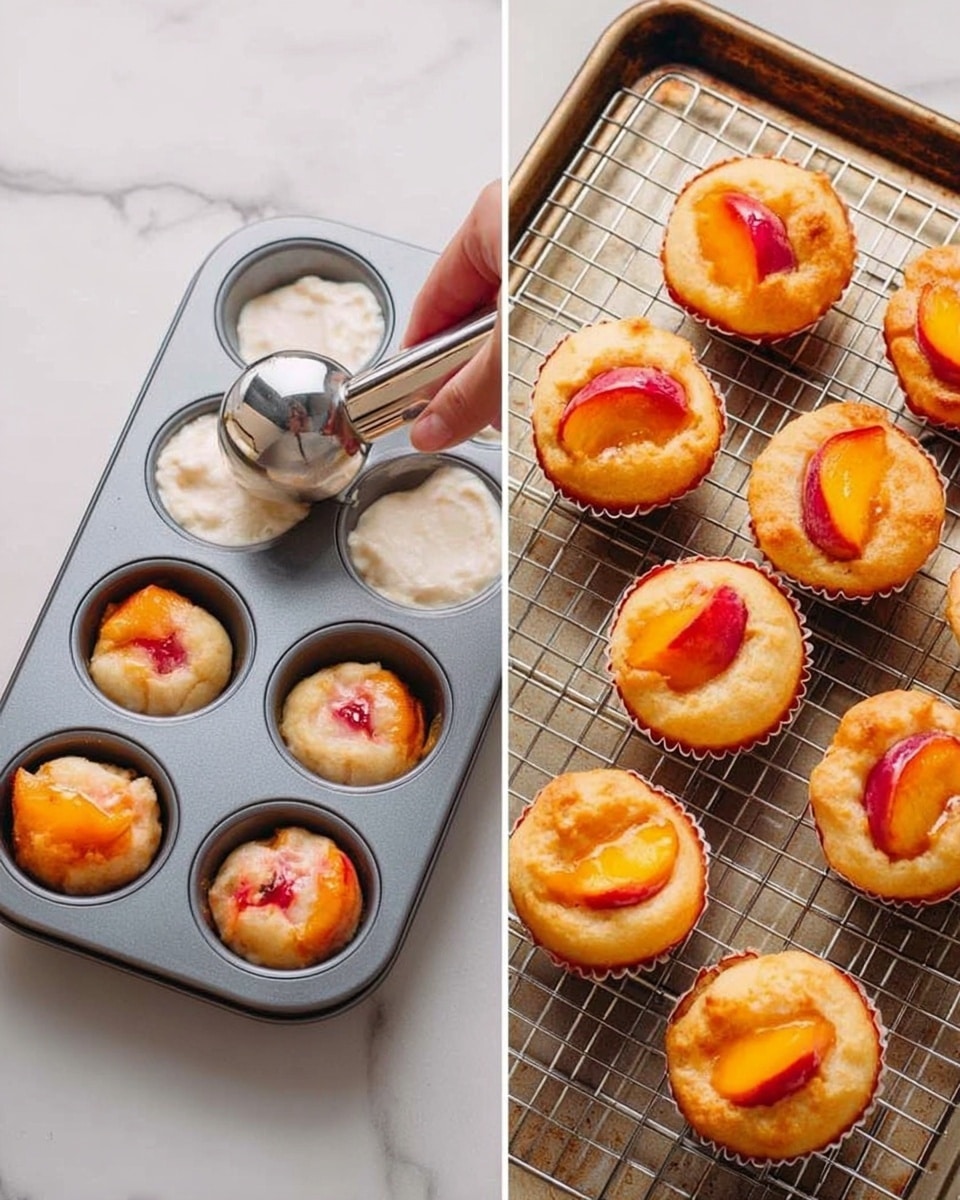 The first image shows a close-up of a silver mixing bowl with a creamy white batter inside, smooth and thick with a soft, slightly fluffy texture, and a white mixer blade just above the batter. The second image shows the same silver bowl with the same white batter, but this time topped with small, evenly cut orange and red fruit pieces, likely peaches, on the right side of the batter, with a black spoon sticking into the mixture. Both bowls are set on a white marbled surface. photo taken with an iphone --ar 4:5 --v 7