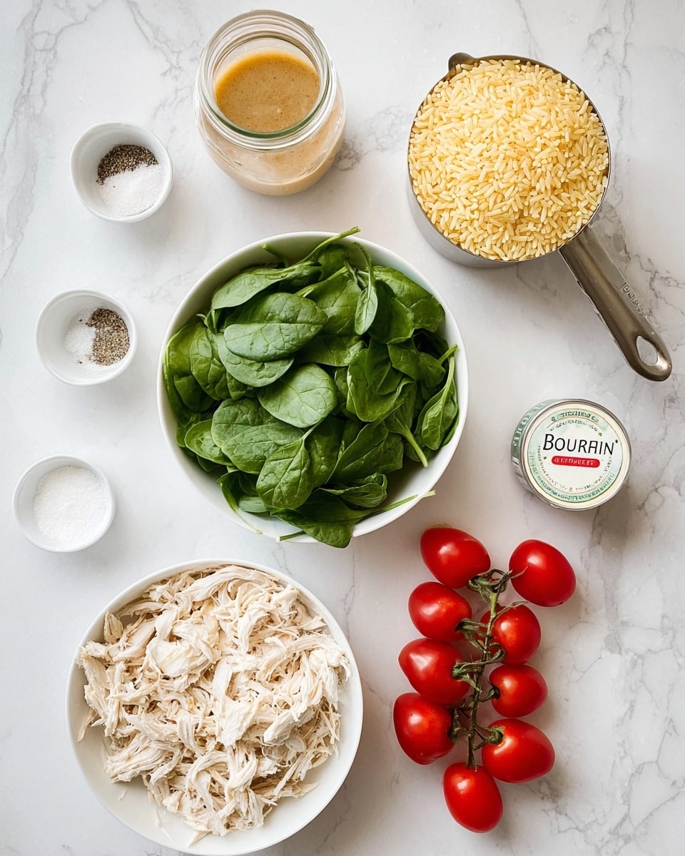 The image shows ingredients arranged on a white marbled surface. There is a white bowl filled with shredded chicken at the bottom left, a white bowl with fresh green spinach leaves to the right of it, and bright red cherry tomatoes on the vine positioned at the bottom right corner. Above the chicken is a small container of Boursin cheese. A metal measuring cup filled with uncooked yellow rice is near the top center, next to a glass jar of light brown broth on the top left. To the right of the broth are two small white bowls with salt and pepper, sitting above the spinach bowl. The whole setup looks clean and organized, with fresh colors and simple textures. Photo taken with an iphone --ar 4:5 --v 7