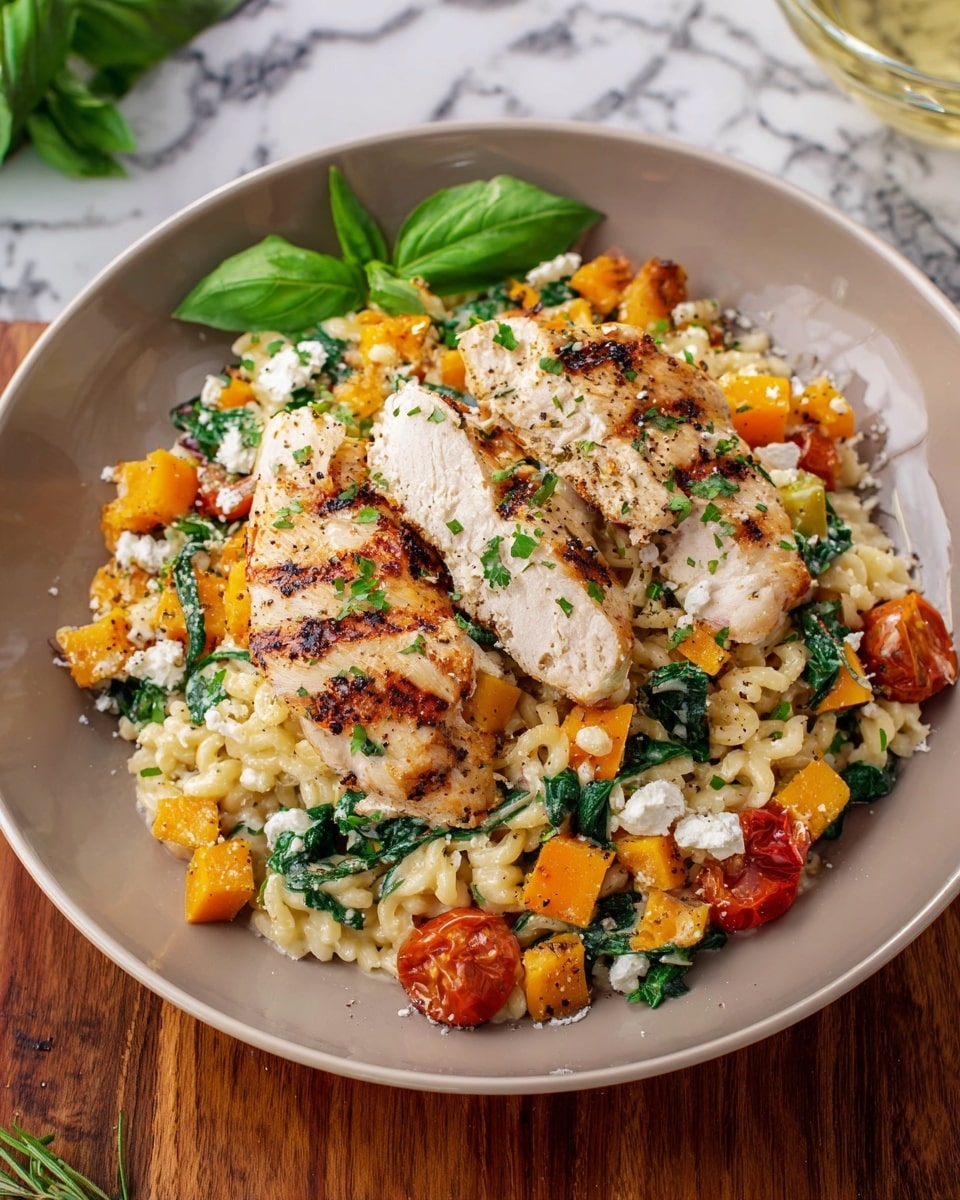 The image shows a deep white plate filled with a colorful dish. At the bottom, there is a creamy mix of small pasta pieces, green spinach, chunks of bright orange squash, and roasted cherry tomatoes. White bits of cheese are scattered throughout the pasta. On top of this layer, two pieces of grilled chicken with light brown grill marks are placed side by side. The chicken has a slightly crispy texture and is garnished with small green herbs. A fresh green basil leaf is placed to the side of the chicken. The plate sits on a wooden surface with a white marbled texture background partly visible. Photo taken with an iphone --ar 4:5 --v 7