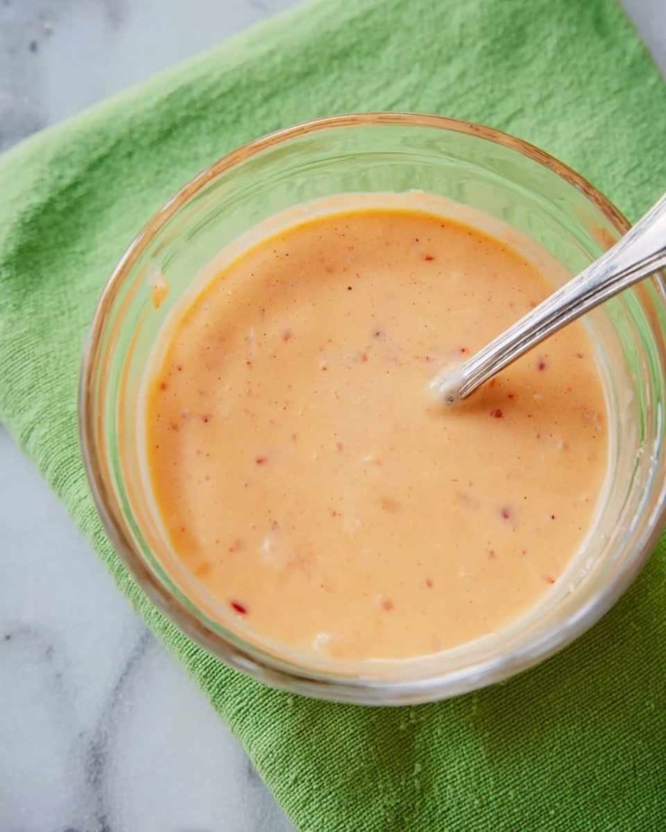 The image shows a small clear glass jar filled with creamy light orange sauce. On top of the sauce, there is one green jalapeño slice placed in the middle. Around the jar, bright red cherry tomatoes are scattered, along with two whole fresh green jalapeño peppers and a light green fruit in the background. Everything is placed on a green cloth, which is over a white marbled surface. Photo taken with an iphone --ar 4:5 --v 7