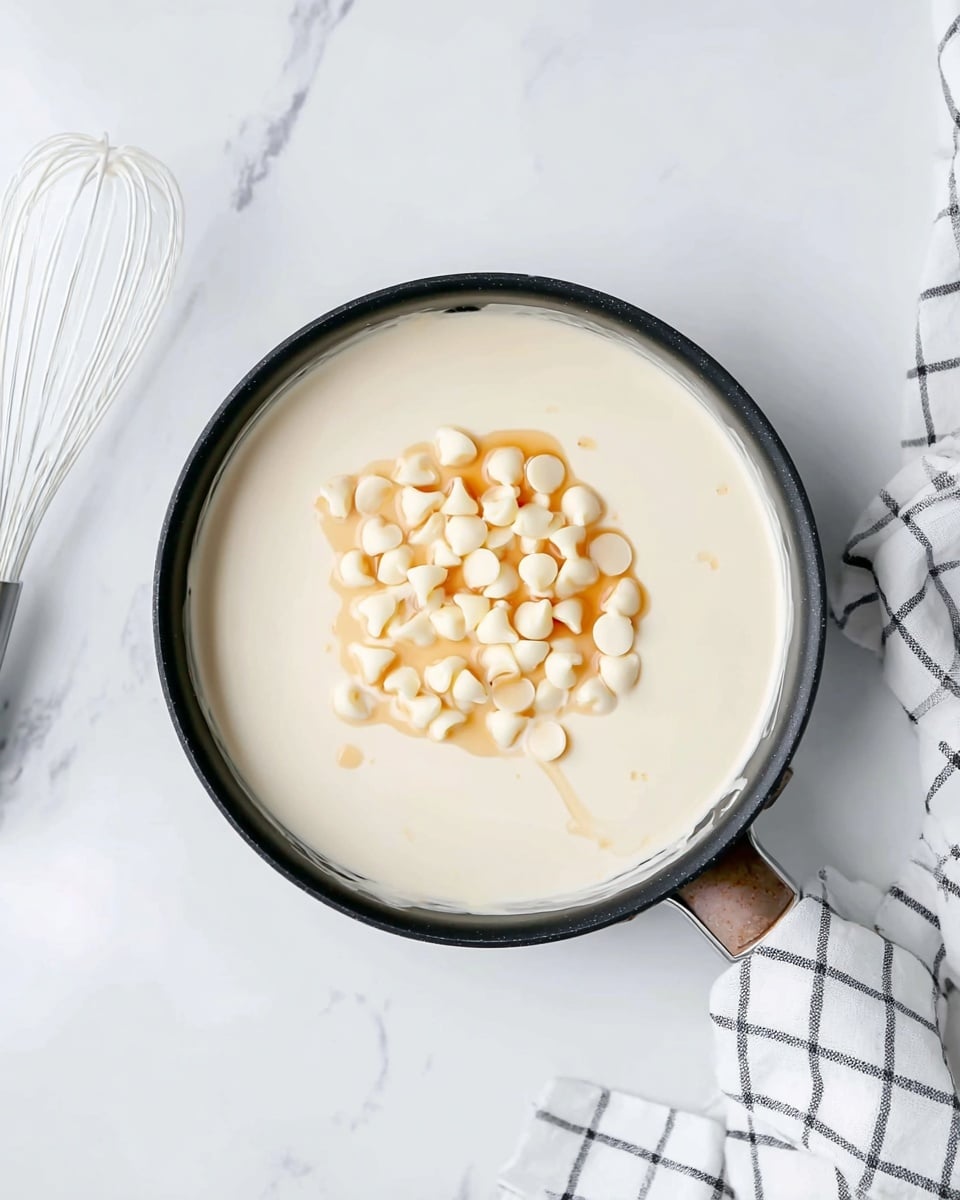 A black pan filled with white cream covering the entire bottom, topped with a small pile of white chocolate chips in the center, and a light brown liquid drizzle over the chips. The pan is placed on a white marbled surface, with a white whisk to the left and a white and black checkered cloth partially visible on the right side. The overall scene is bright with soft natural light. photo taken with an iphone --ar 4:5 --v 7