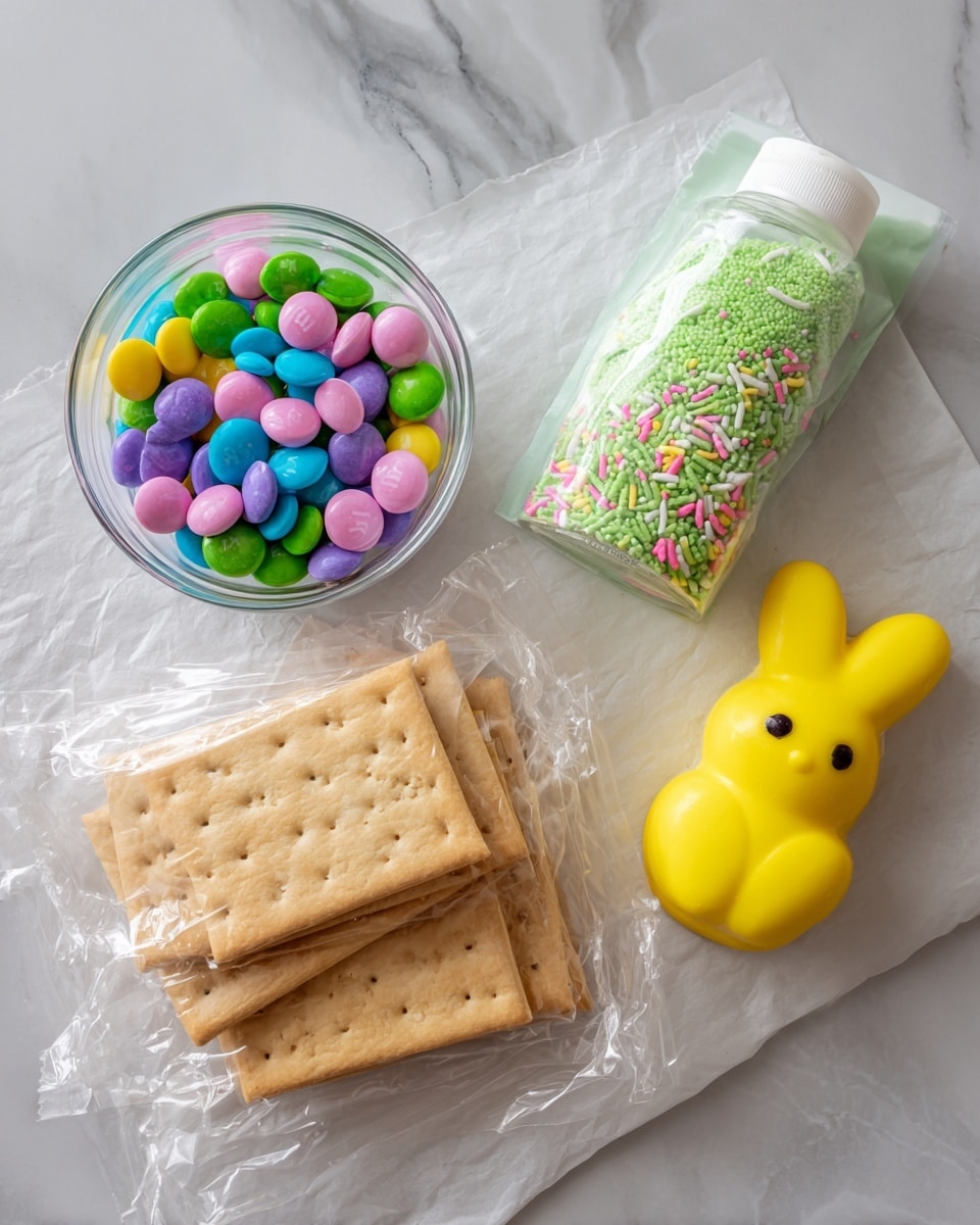 The image shows ingredients arranged on a white marbled surface. There is a clear small bowl on the left filled with colorful M&M's in pastel green, blue, pink, purple, and yellow colors. Above it, a clear bottle with a white cap contains green sprinkles mixed with small pink, yellow, and white sprinkle shapes. In the center, overlapping each other, are a few light brown graham crackers still partially wrapped in clear plastic. To the right of the crackers is a small yellow Peep marshmallow shaped like a bunny with three small chocolate dots for eyes and nose. Above the Peep, a clear plastic bag with a green zip lock holds white royal icing. All items are neatly placed on a piece of parchment paper on top of the surface. Photo taken with an iphone --ar 4:5 --v 7