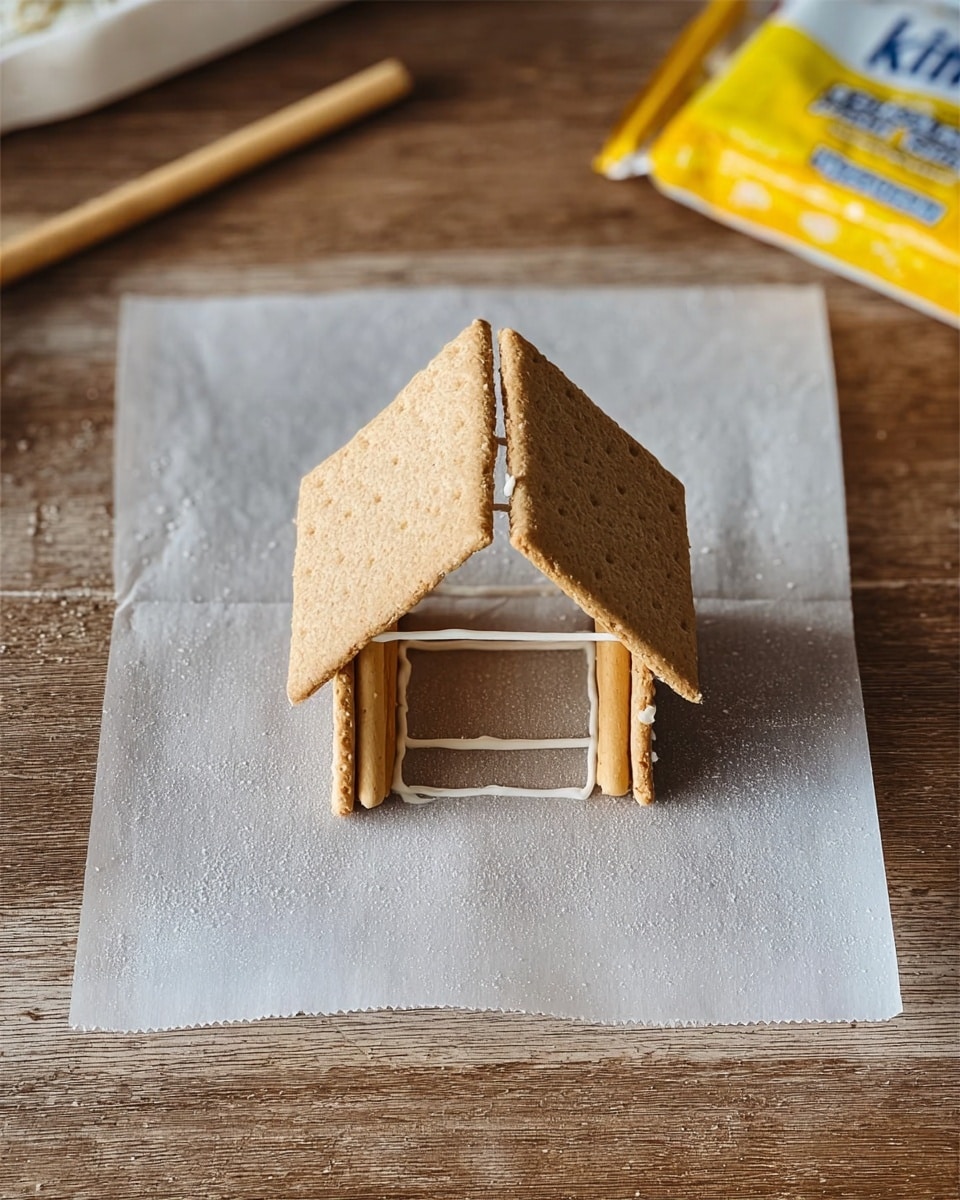 The image shows a small house shape made with light brown rectangular crackers placed on a sheet of parchment paper on a wooden table. The base layer is one flat rectangular cracker sitting flat on the parchment. Four cracker sticks stand upright along the edges of the base, forming the sides of the house. Two more crackers are placed angled on top, meeting at the center to shape the roof. White icing is used to glue and hold the crackers together, running along the edges where the crackers meet. A yellow and white packaging packet is partially visible in the top right corner. The scene is lit with natural light and has a clear, simple look. photo taken with an iphone --ar 4:5 --v 7