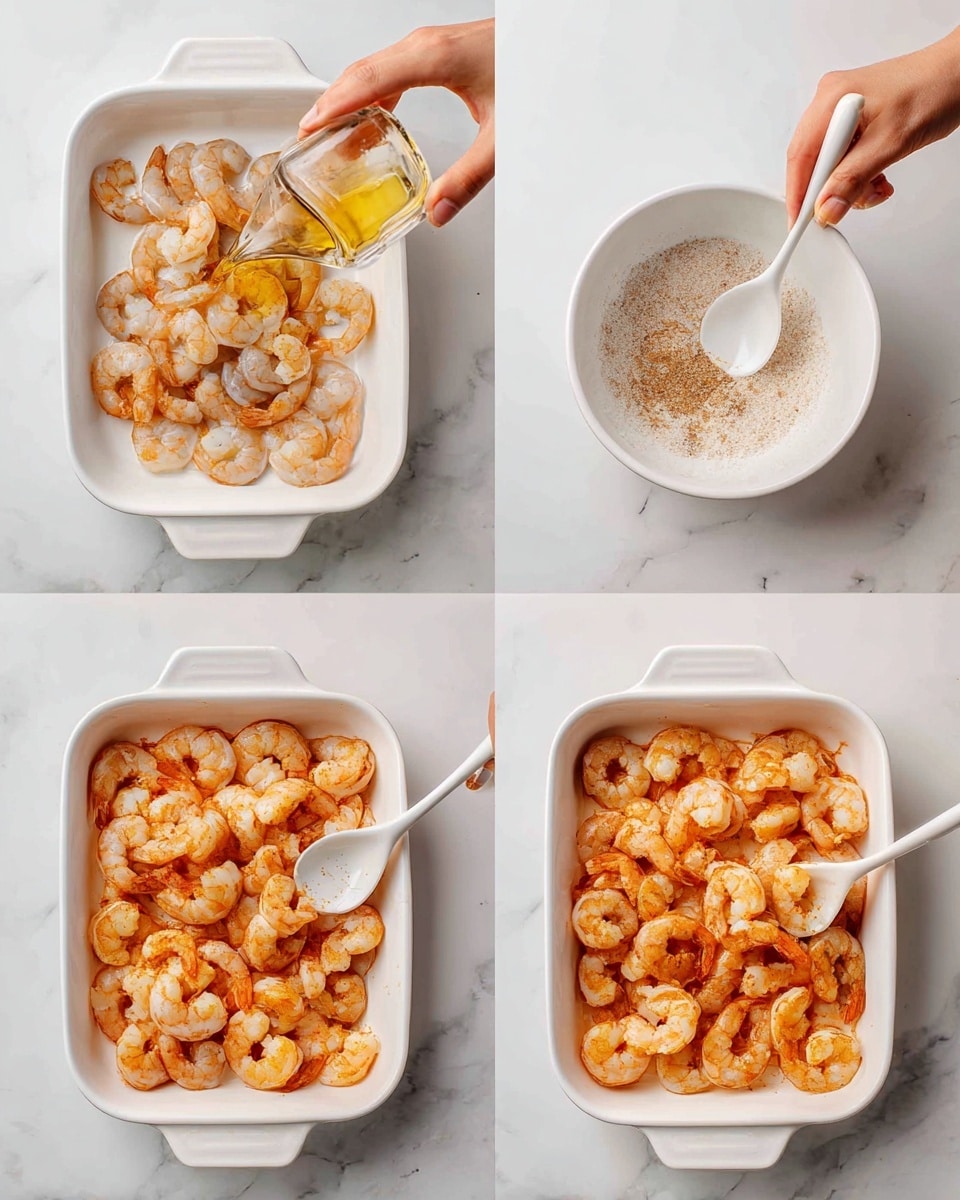 The image is split into four parts showing shrimp being prepared in a white rectangular dish on a white marbled surface. In the first part, a woman's hand pours oil over raw, light grey shrimp spread evenly across the dish. In the second part, a woman's hand stirs the shrimp with a white spoon, mixing in spices that turn the shrimp a light brown five. The third part shows the shrimp covered with a white powder seasoning, giving a speckled look over the shrimp mixed in the dish. In the last part, the shrimp have turned bright orange and cooked, filling the dish evenly. Photo taken with an iphone --ar 4:5 --v 7