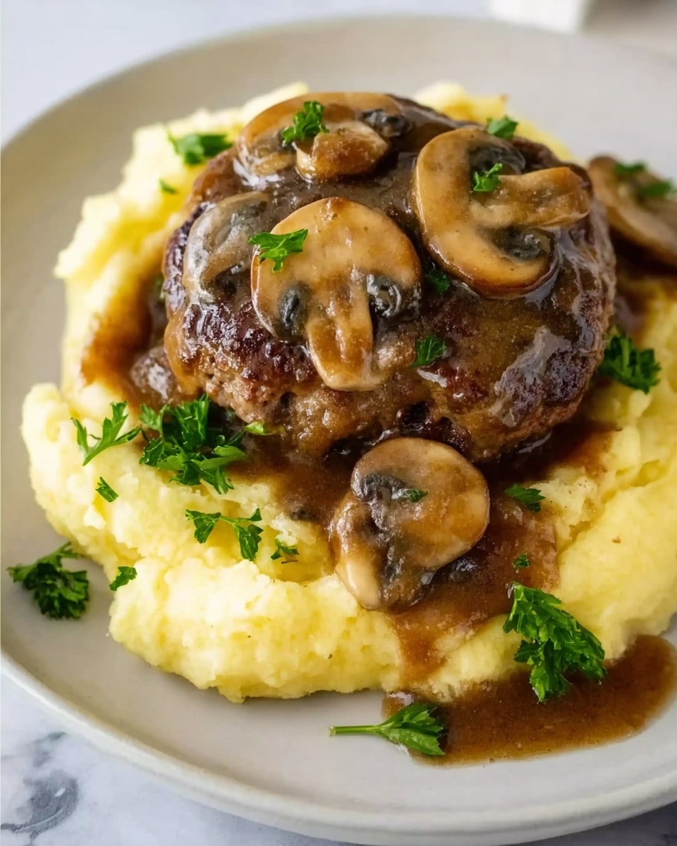 A close-up view of a cooked beef patty covered with a thick brown mushroom sauce, topped with two sliced cooked mushrooms and small green parsley pieces as garnish, held by a metal spatula above a white marbled surface. The beef patty is dark brown with a glossy, textured sauce that has visible mushroom bits. In the blurred background, other pieces of the same dish with similar mushroom sauce and parsley are visible. photo taken with an iphone --ar 4:5 --v 7