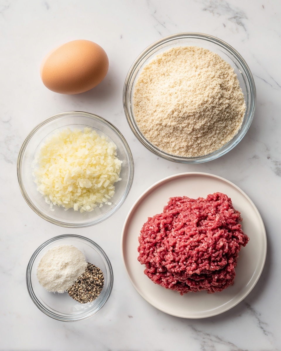 The image shows six ingredients for cooking laid out on a white marbled surface. At the top left, there is a single brown egg. To its right, a clear glass bowl filled with light beige bread crumbs. Below the egg, there is a small clear bowl of light yellow dried onion. Next to the dried onion, on the right side, a white plate holds a pile of red ground beef with visible fine texture. Below it, on the left, there is a small clear bowl that contains a mix of black and white salt and pepper. Finally, to the right of the salt and pepper, another small clear bowl holds white garlic powder. Each ingredient is well spaced apart with clean and bright lighting, arranged neatly, photo taken with an iphone --ar 4:5 --v 7